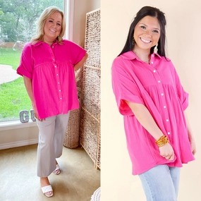 Mellow Mood Collared Button Up Babydoll Top in Hot Pink WaterRepellentCoating All-Occasion Wear
