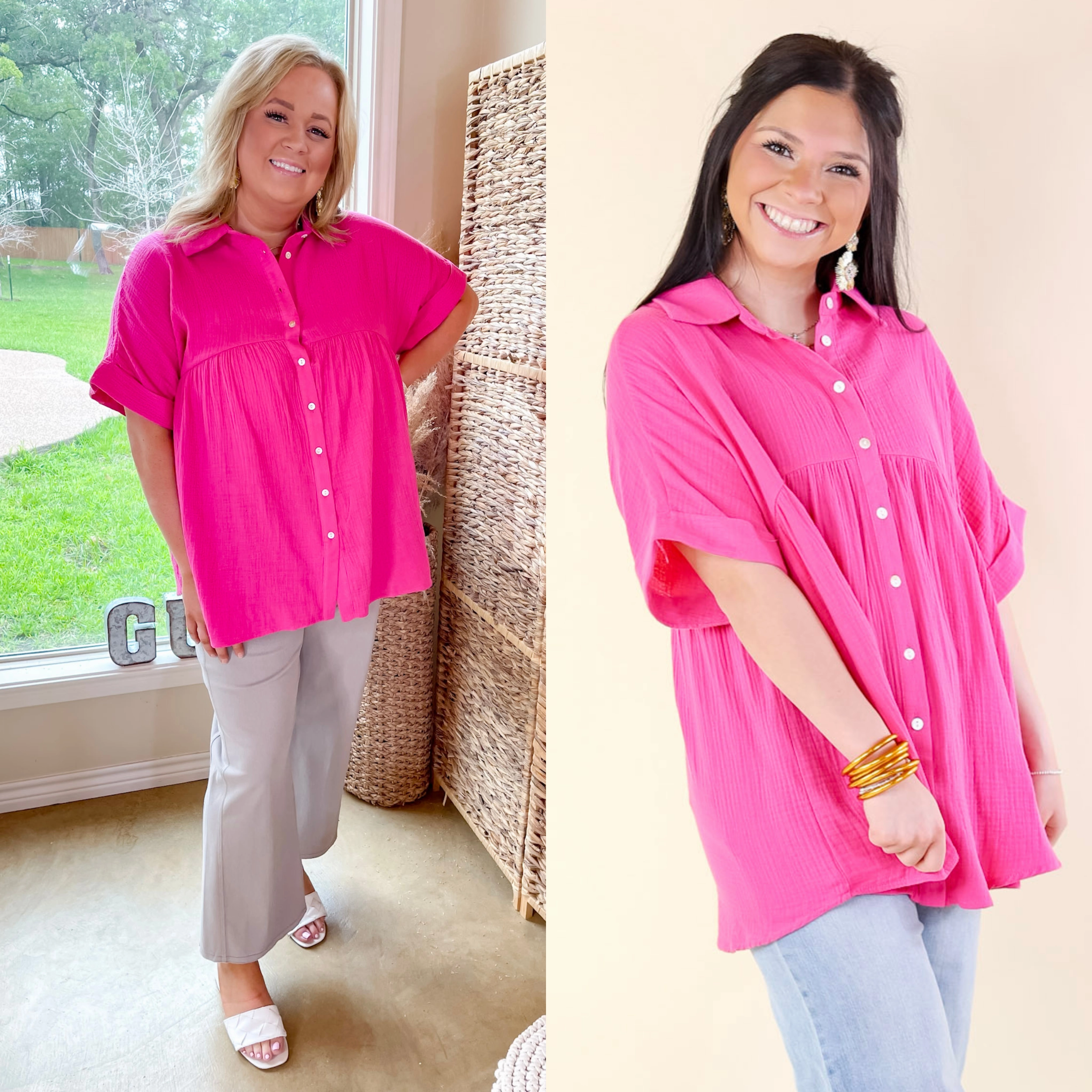 Mellow Mood Collared Button Up Babydoll Top in Hot Pink WaterRepellentCoating All-Occasion Wear