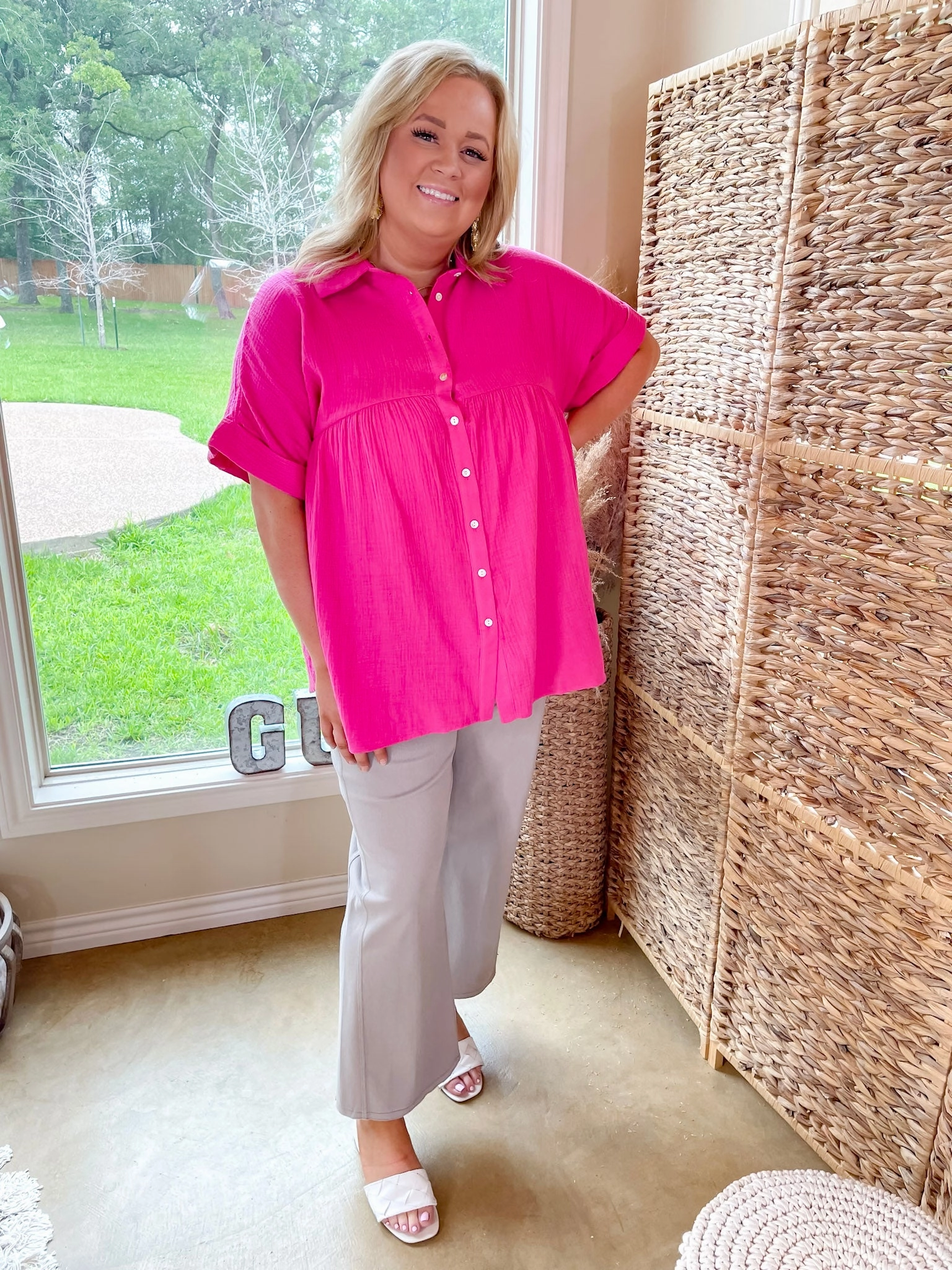 Mellow Mood Collared Button Up Babydoll Top in Hot Pink FourWayStretch Soft Blouse