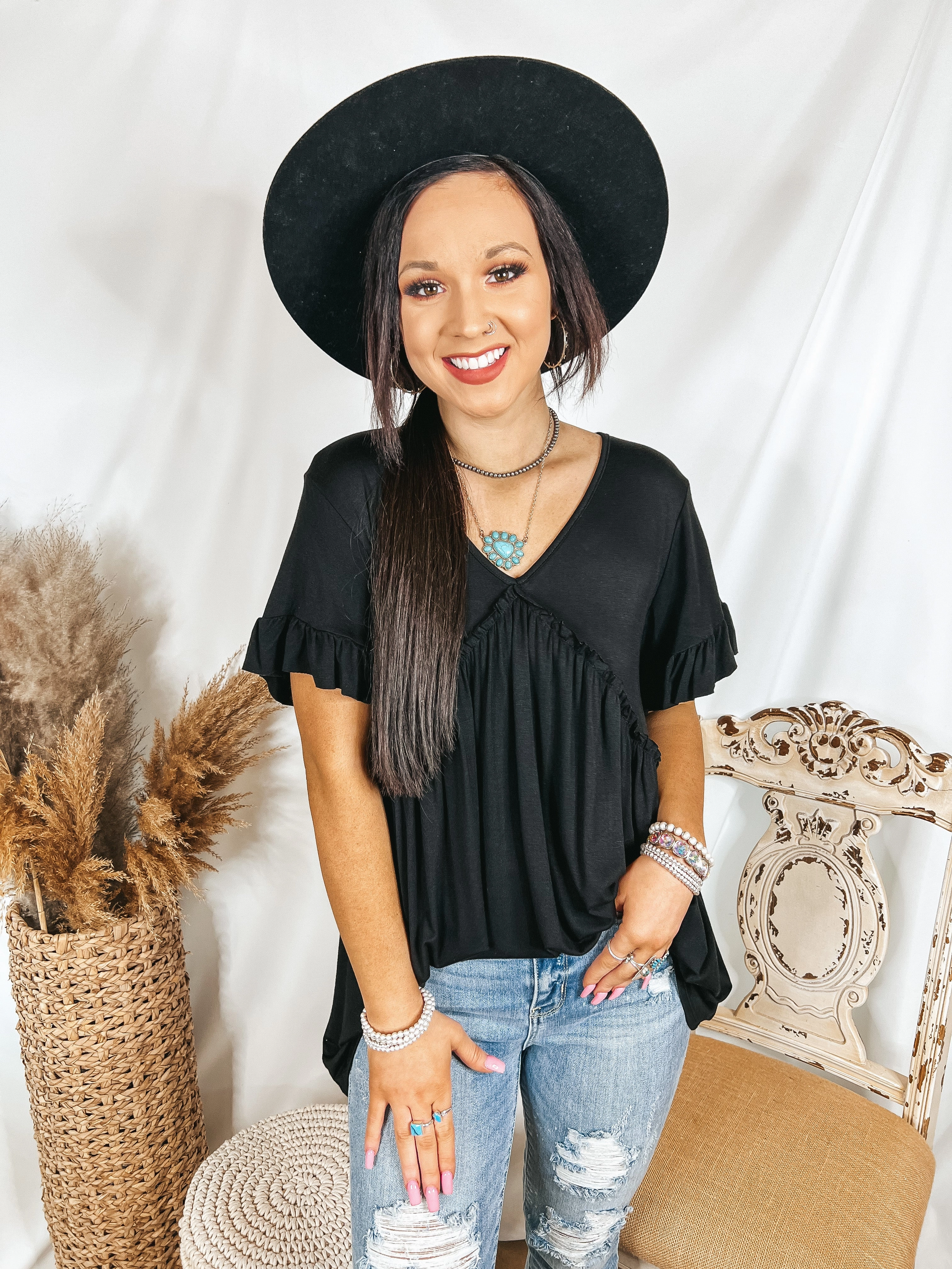 Upon Request Ruffle Detailed Short Sleeve Babydoll Top in Black Grace Ease