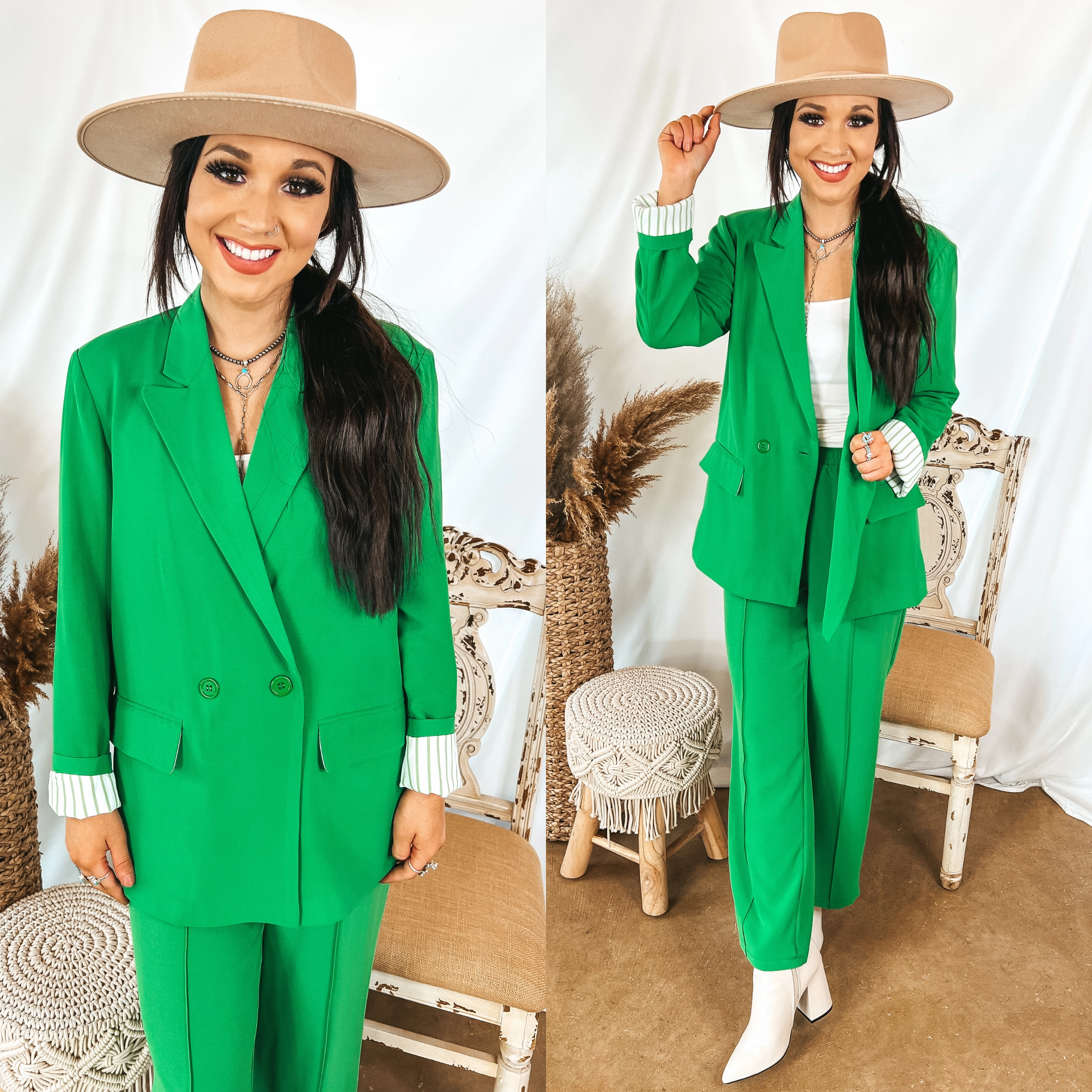 Bamboo Fiber Blend Bossy Business Double Button Blazer with Pockets in Green