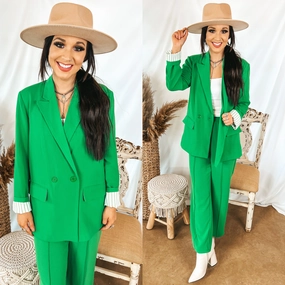 Pure Core Recycled Fit Bossy Business Double Button Blazer with Pockets in Green
