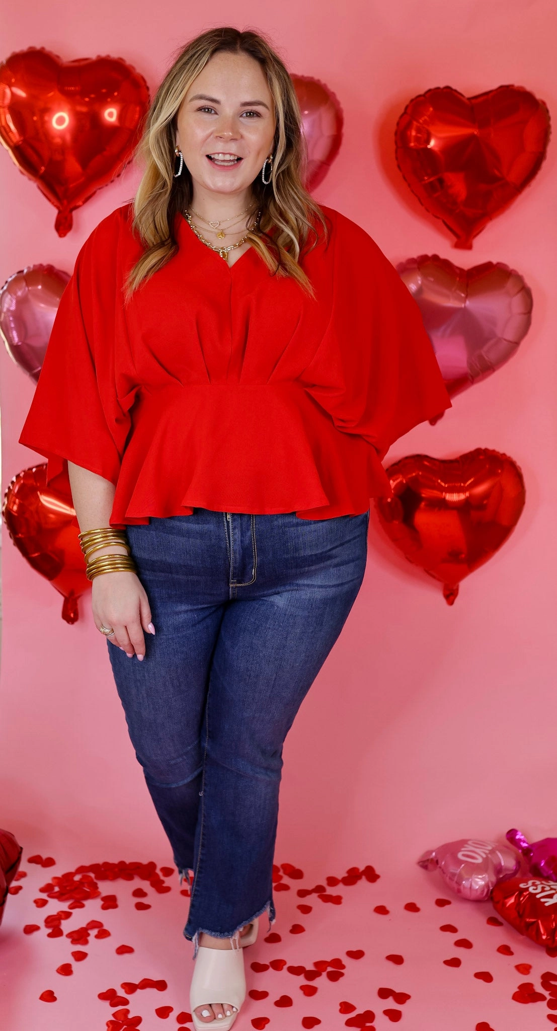 Last Chance Size Small | Hear the Music Drop Sleeve V Neck Peplum Top in Red Formal Shirt