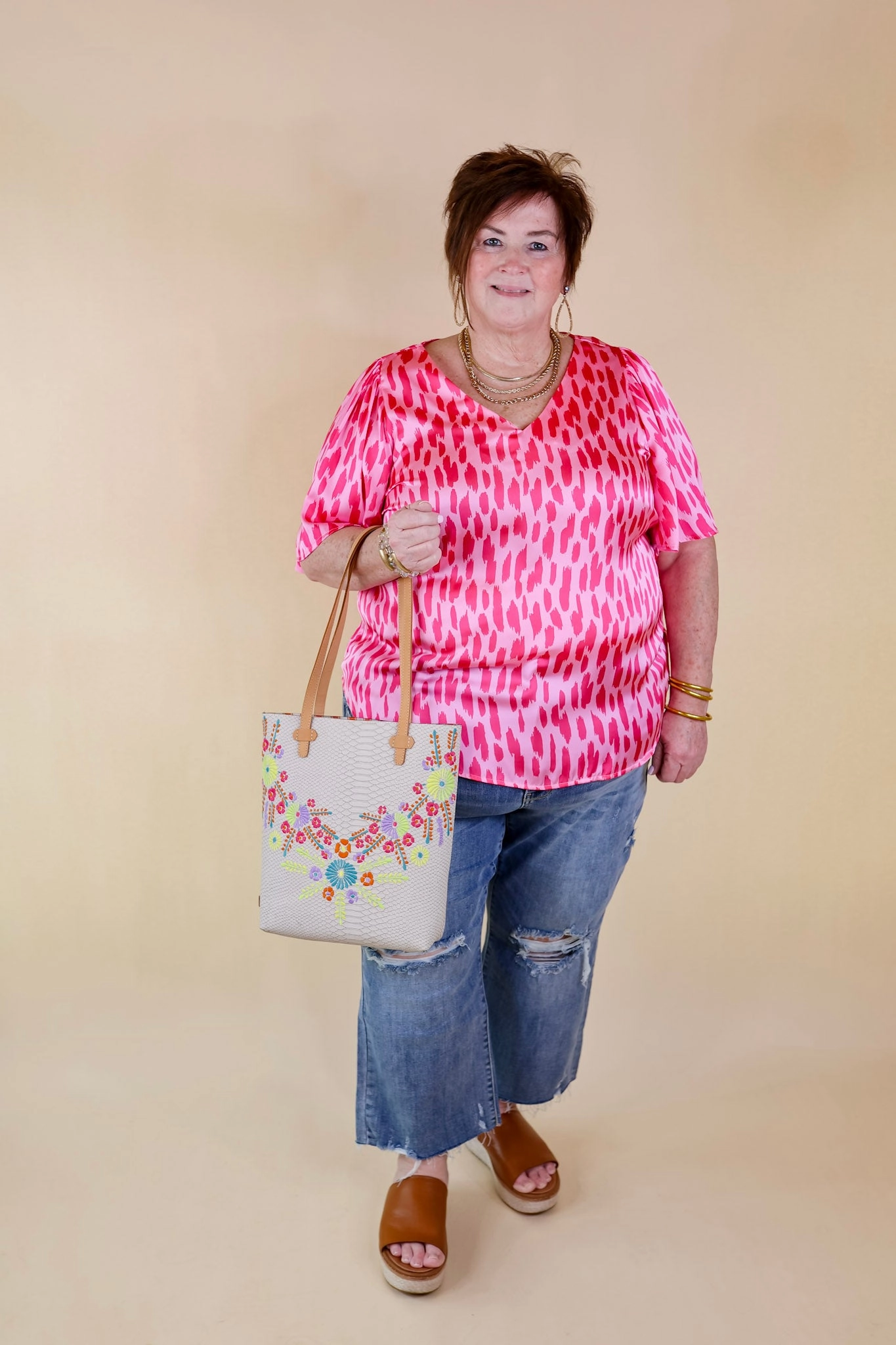 Giving You More Satin Dotted Print V Neck Blouse in Pink Mix Office Glam Simple Wear