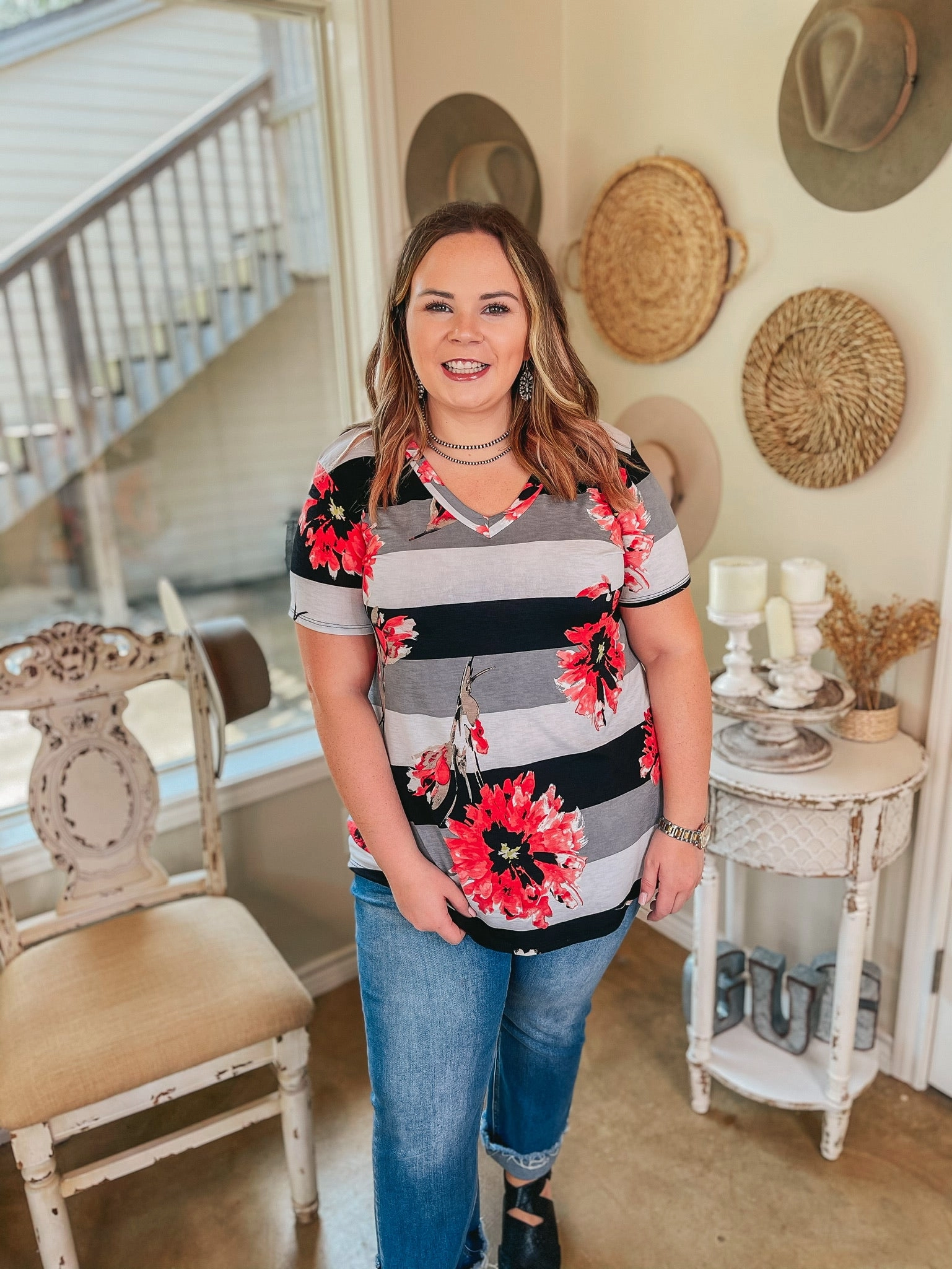 Water Soul TearResistant Fabric Keep Things Simple Floral and Striped V Neck Tee in Black and Coral