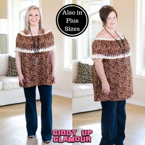ComfortWaistband Outdoor Shirt You Get What You Get Off Shoulder Tunic with Tassels in Leopard