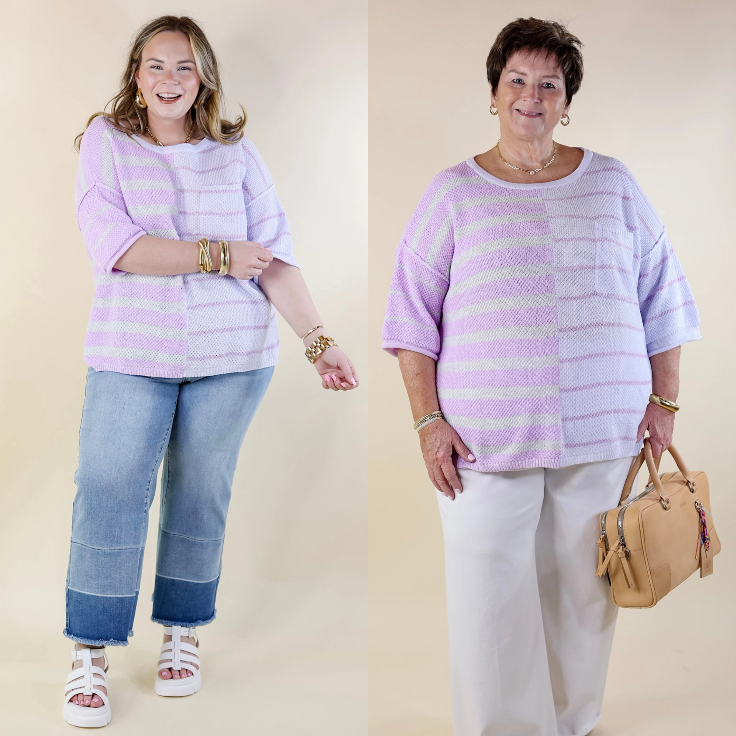 Flexible Ribbed Cuffs FlexibleMobility Urban Edge Color Block Striped Knit Top in Purple Mix