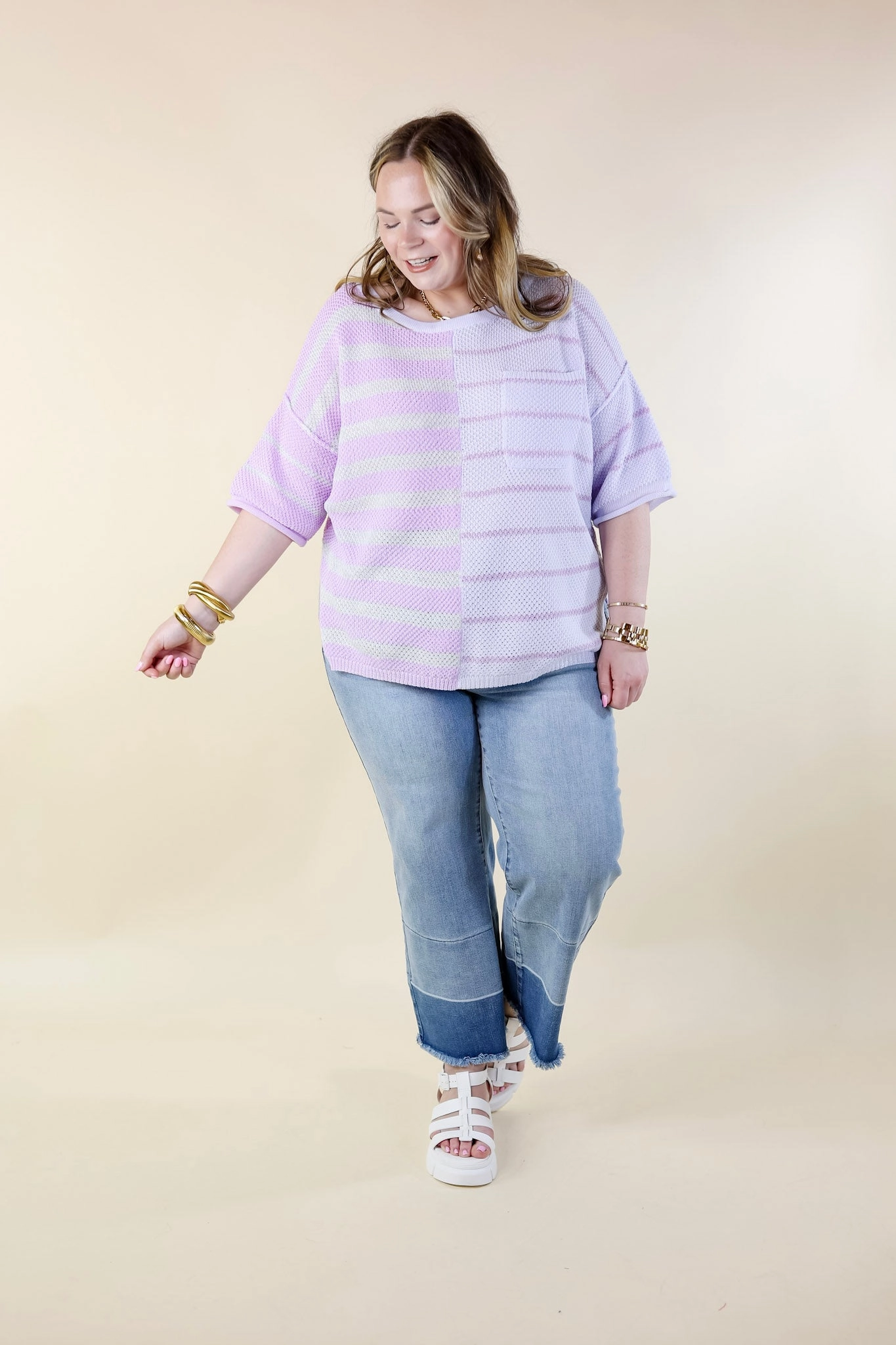 Urban Edge Color Block Striped Knit Top in Purple Mix AntiOdorTreatment