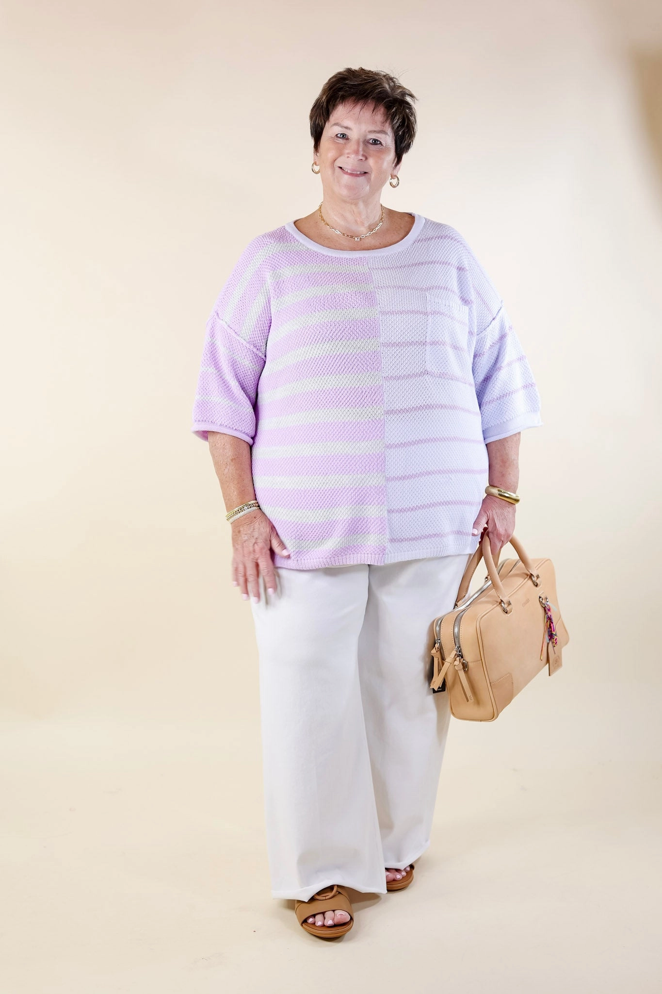 Urban Edge Color Block Striped Knit Top in Purple Mix Flatlock Seam Design