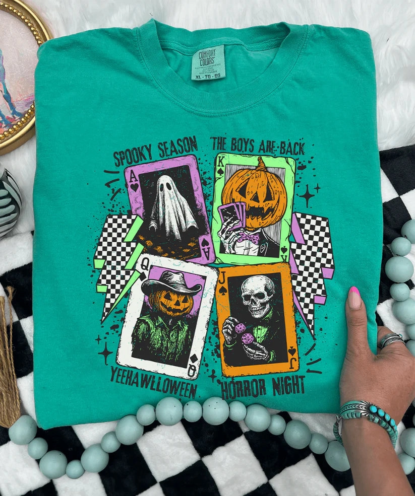 Online Exclusive | The Boys Are Back Halloween Graphic on Short Sleeve Comfort Color Tee in Island Green Chic Cut