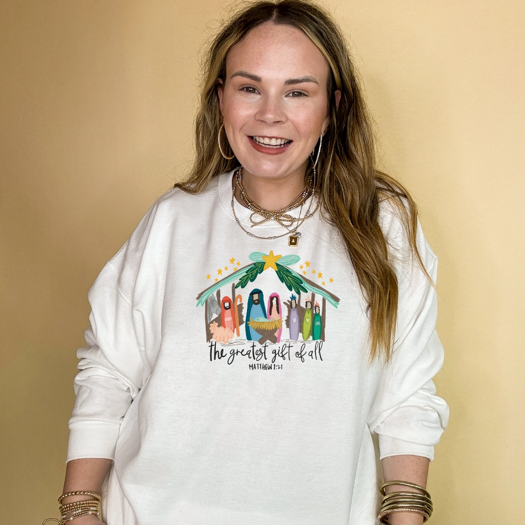 Soft Layer Wrinkle-Free Online Exclusive | Matthew 1:21 Nativity Scene Graphic Sweatshirt in Multiple Color Options