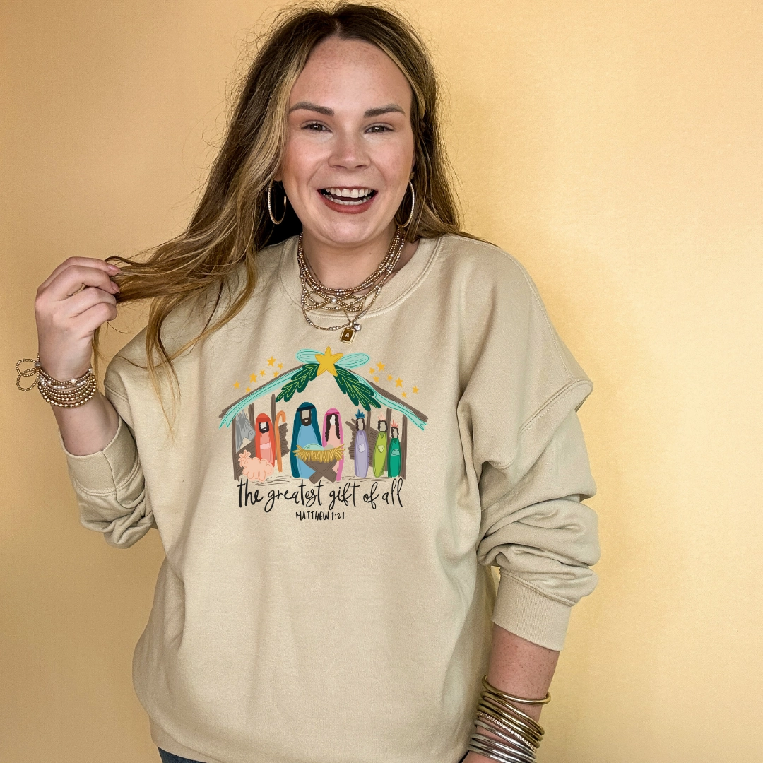 Online Exclusive | Matthew 1:21 Nativity Scene Graphic Sweatshirt in Multiple Color Options Antibacterial Treatment Fresh and Cool