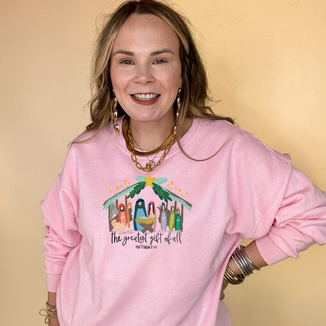 Online Exclusive | Matthew 1:21 Nativity Scene Graphic Sweatshirt in Multiple Color Options Soft and Cozy