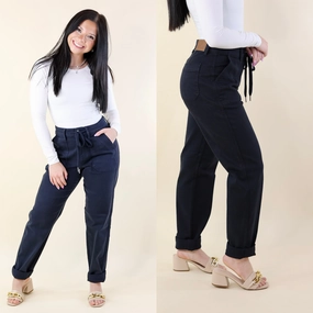 Last Chance Size 0, 1, 3, 15, & 24W | Judy Blue | Keep It A Secret Relaxed Pull on Jean Joggers in Navy Blue Noble Grace