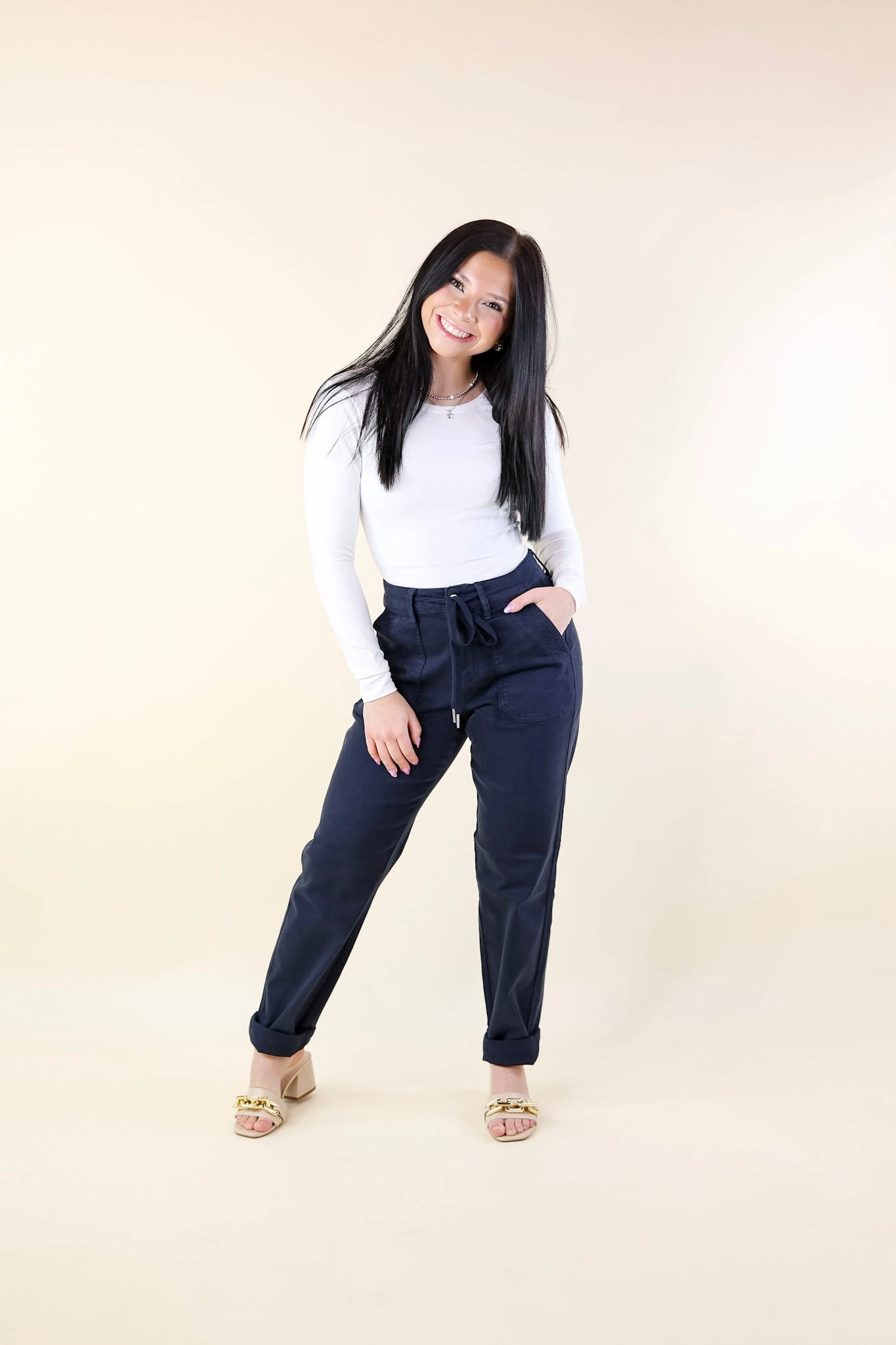Last Chance Size 0, 1, 3, 15, & 24W | Judy Blue | Keep It A Secret Relaxed Pull on Jean Joggers in Navy Blue Picnic Fun
