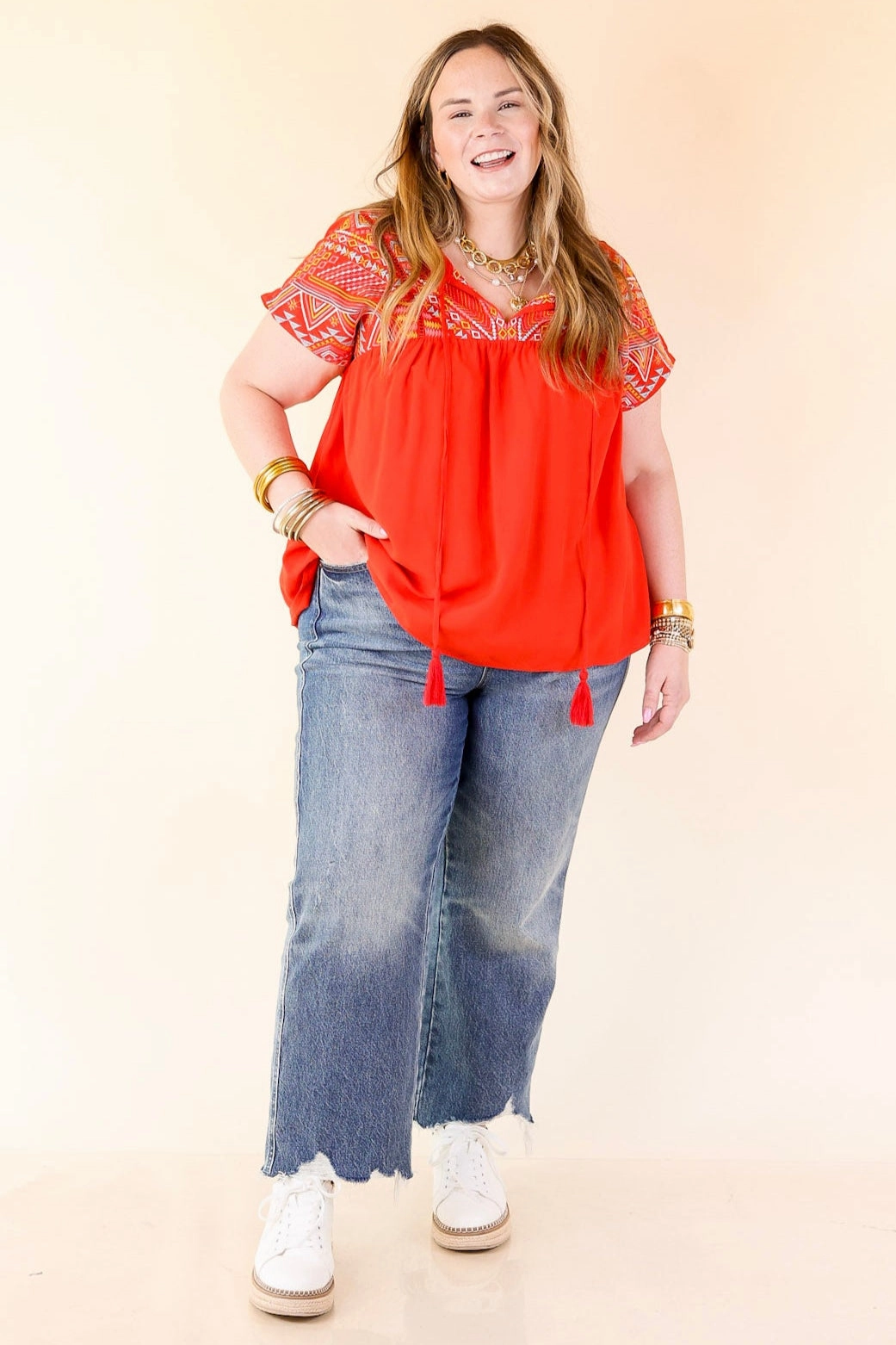 Forgotten Paradise Embroidered Top with Front Tie in Red Shape Retention Fabric TaglessDesign