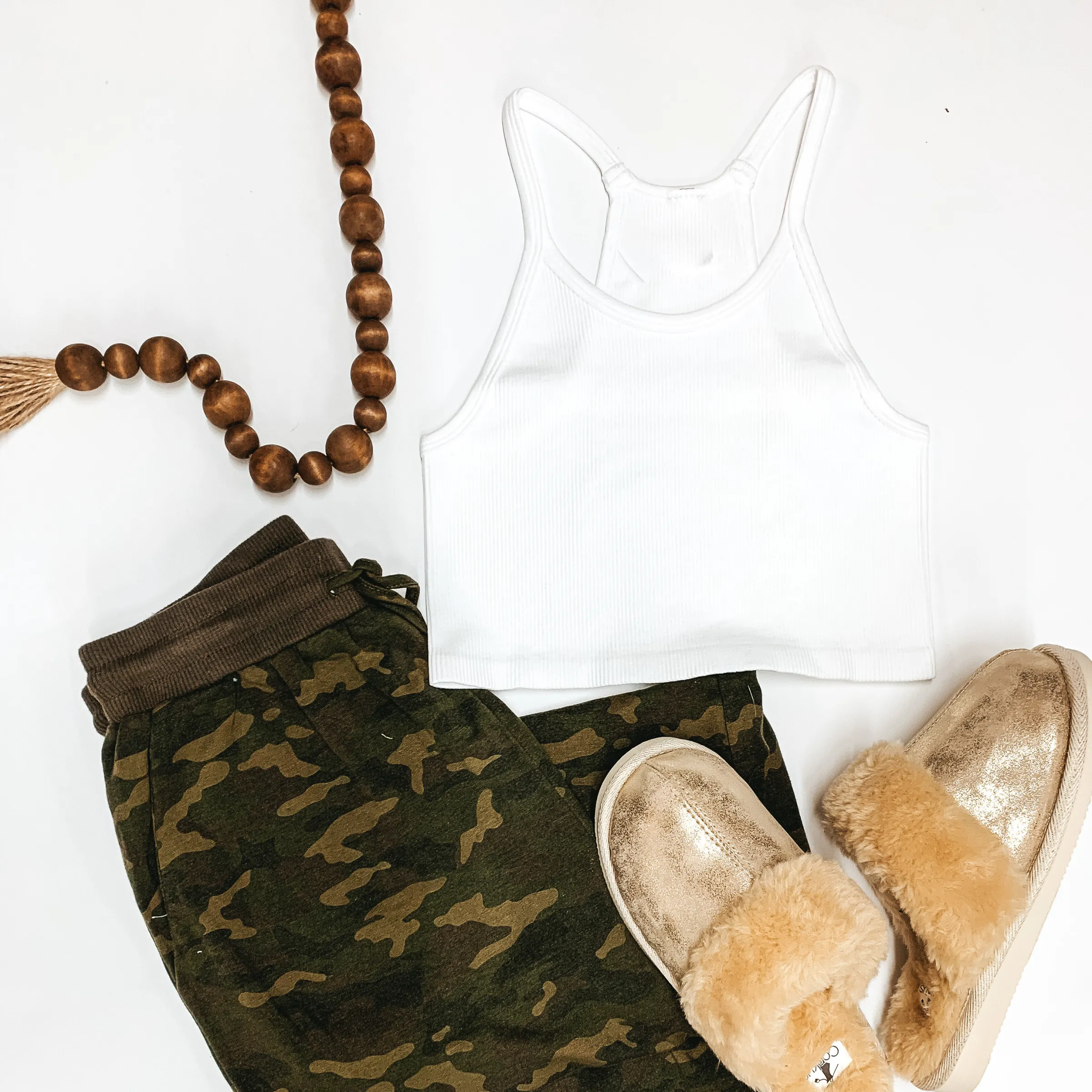 Comfiest Trends Ribbed High Neck Cropped Spaghetti Strap Top in White Winter Style