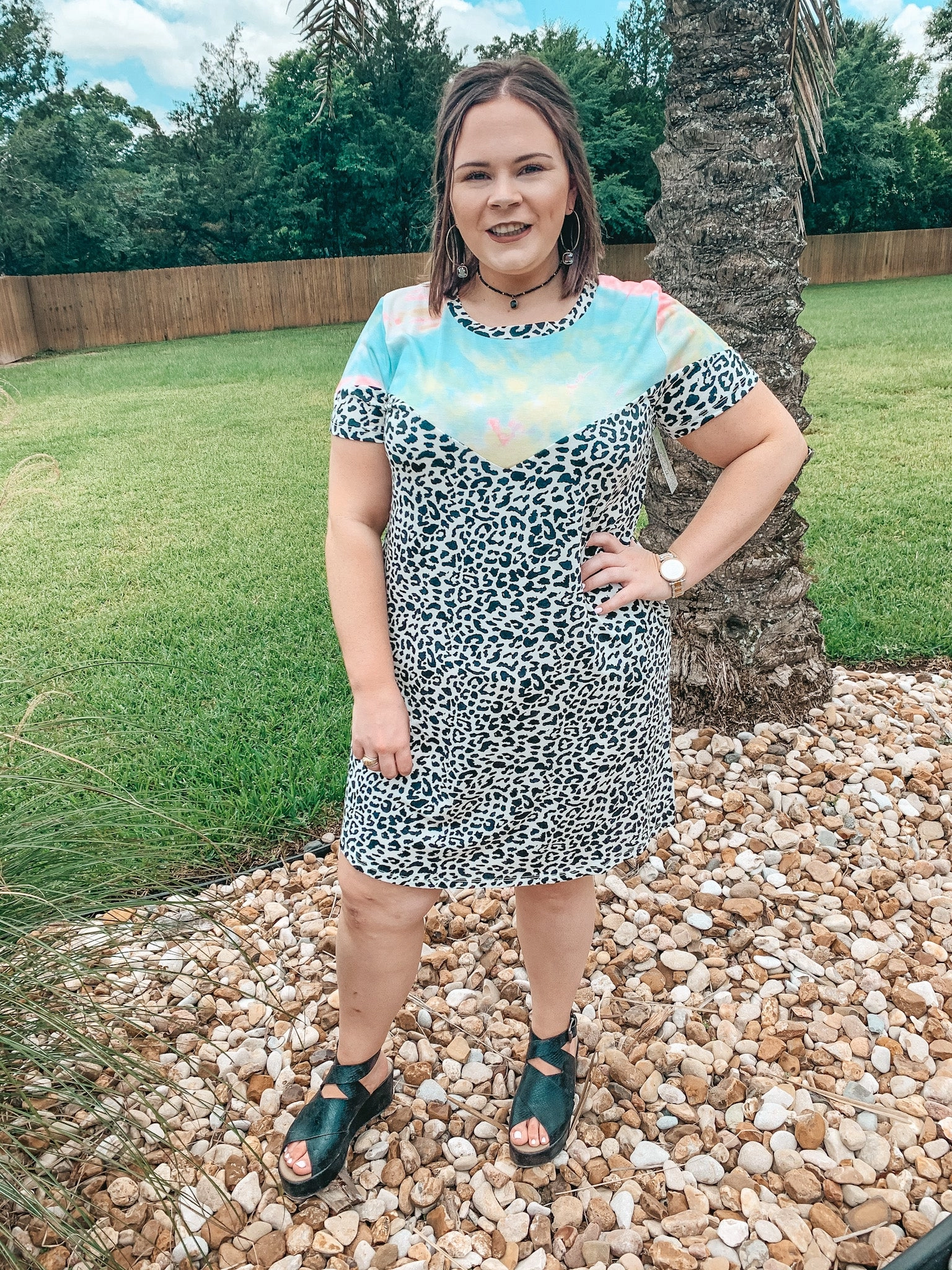 Between Us Short Sleeve  Dress in Tie Dye and Dalmatian Free Shape