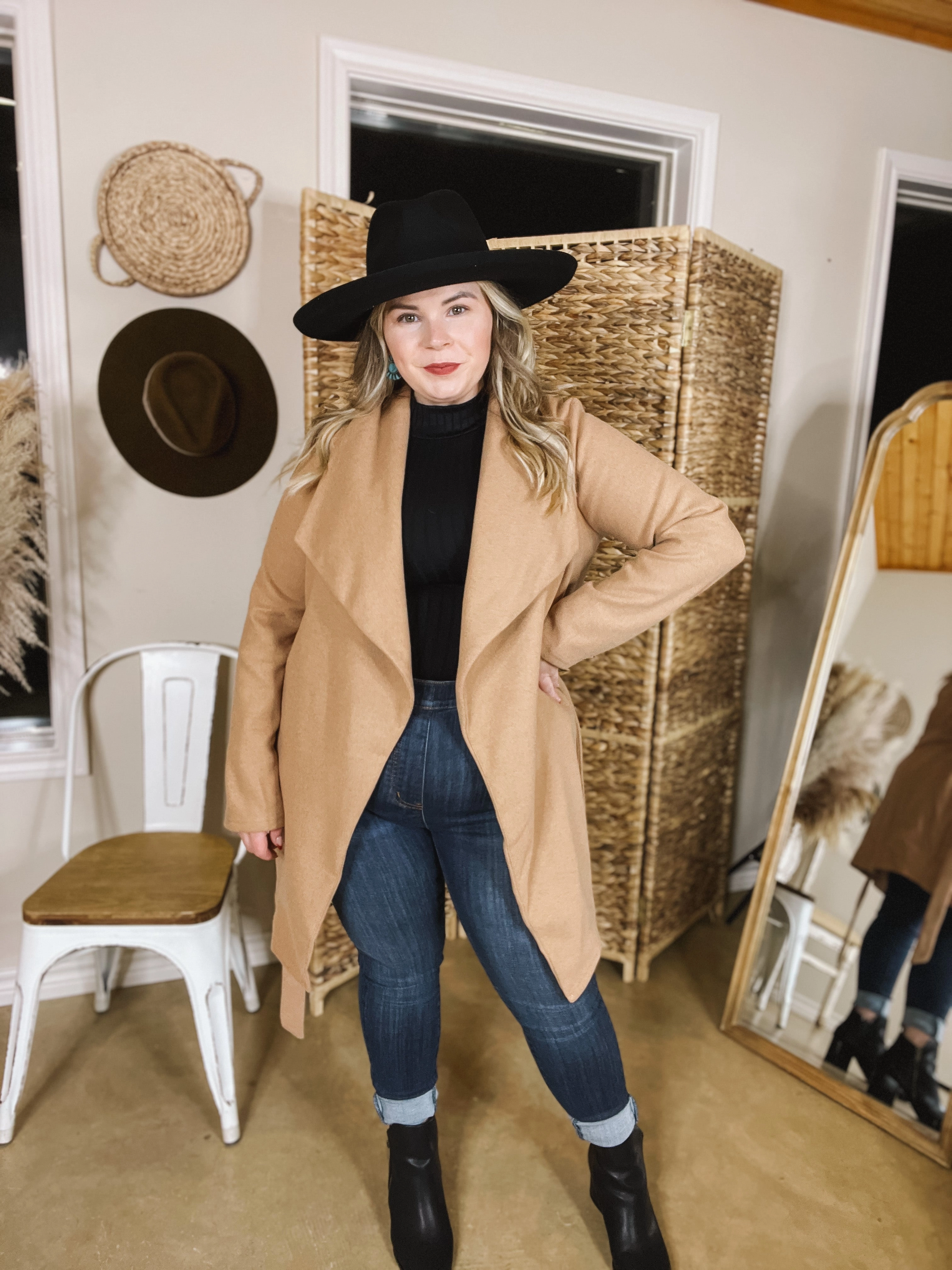 StretchComfort NYC Dreamer Open Front Jacket with Waist Tie in Tan