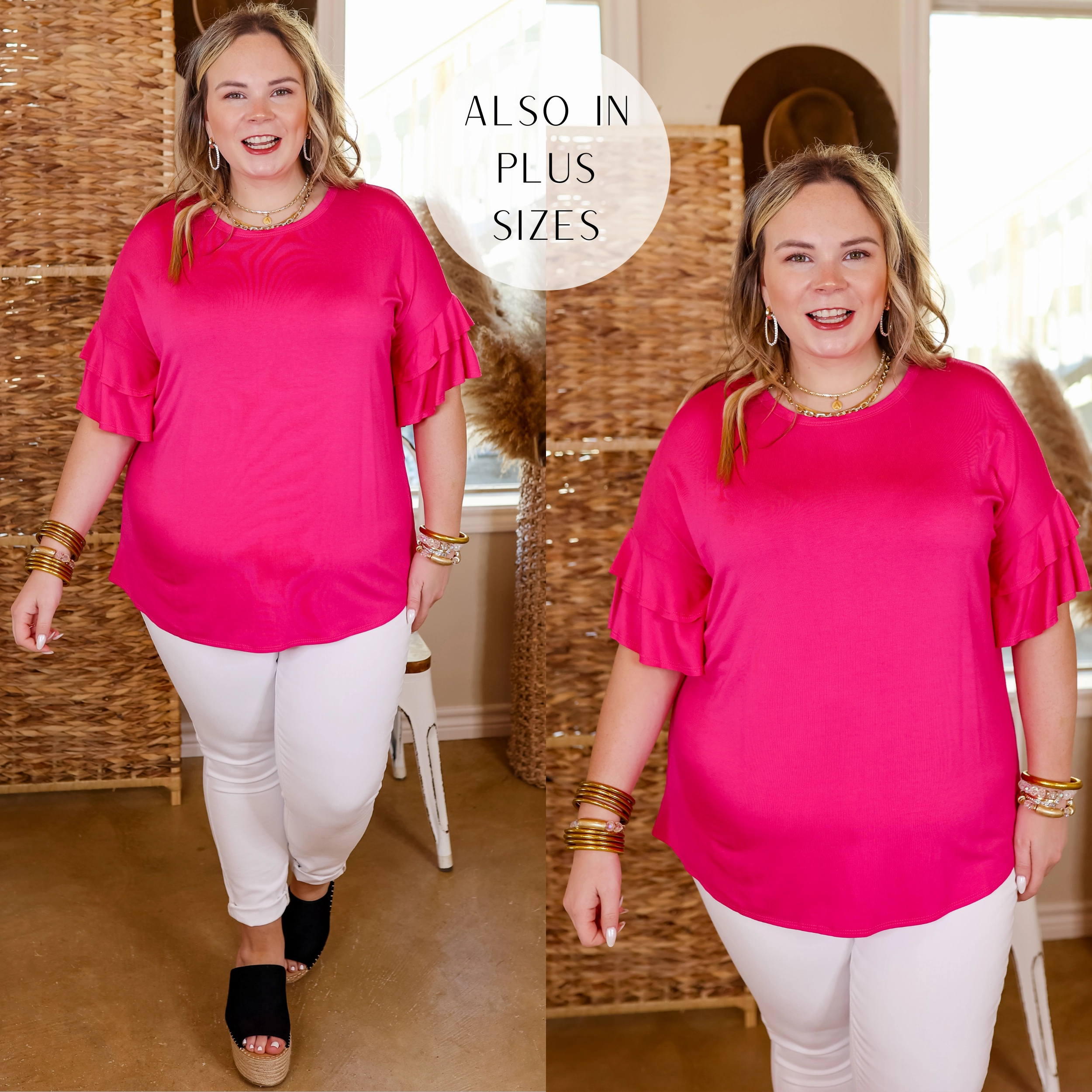 Set The Standard Solid Short Sleeve Top with Ruffled Sleeves in Fuchsia Pink Versatile Hat SmoothFinish