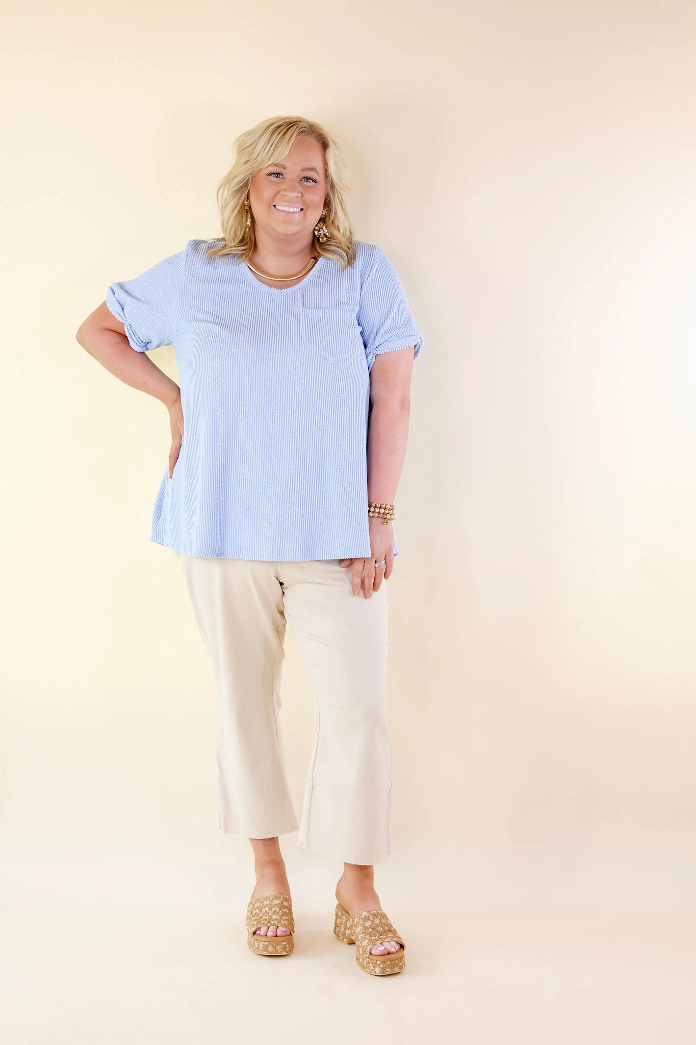 SmoothInnerLining Only True Love Ribbed Short Sleeve Top with Front Pocket in Serenity Blue