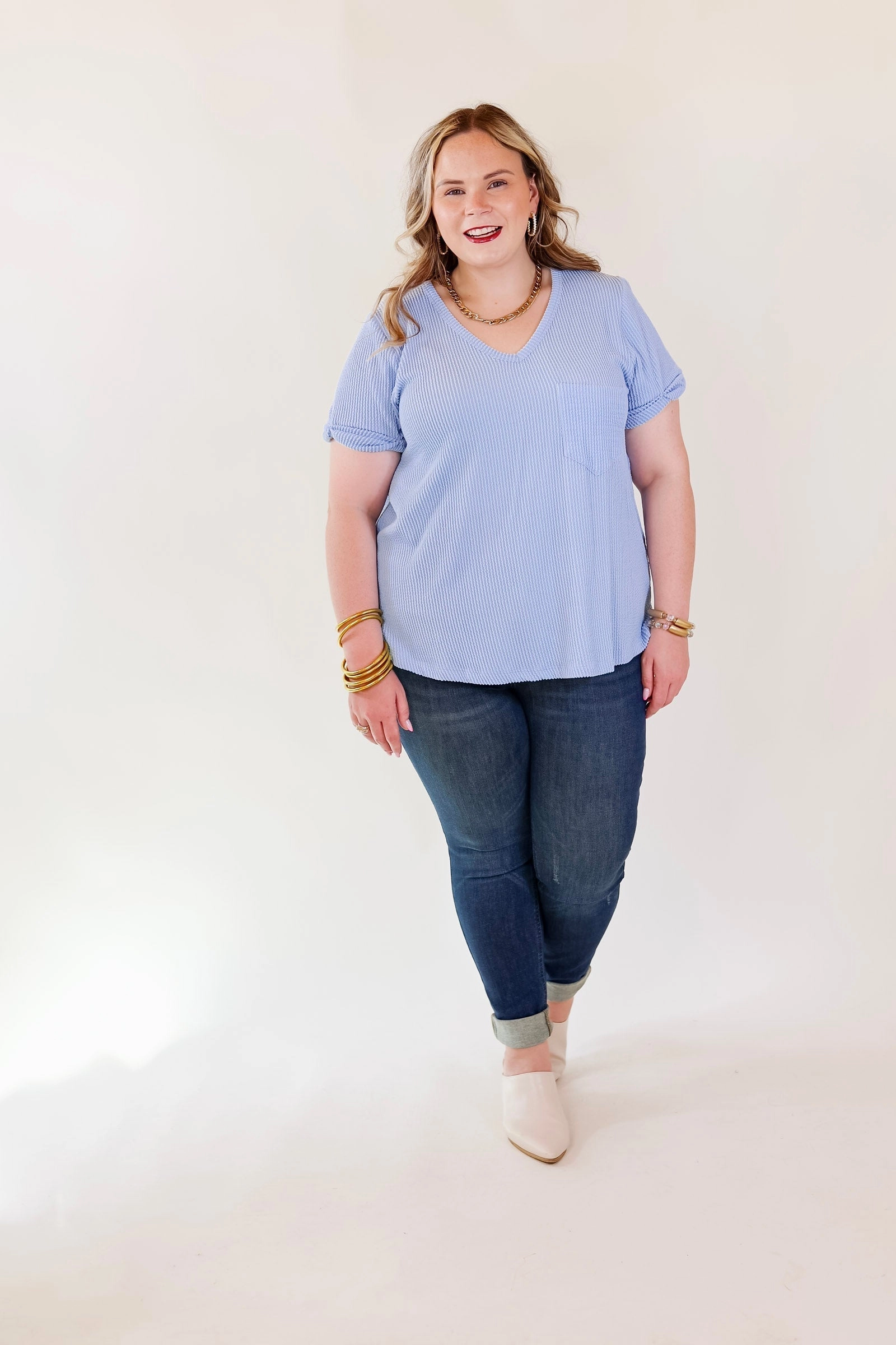 Only True Love Ribbed Short Sleeve Top with Front Pocket in Serenity Blue MachineWashable Regal Glow