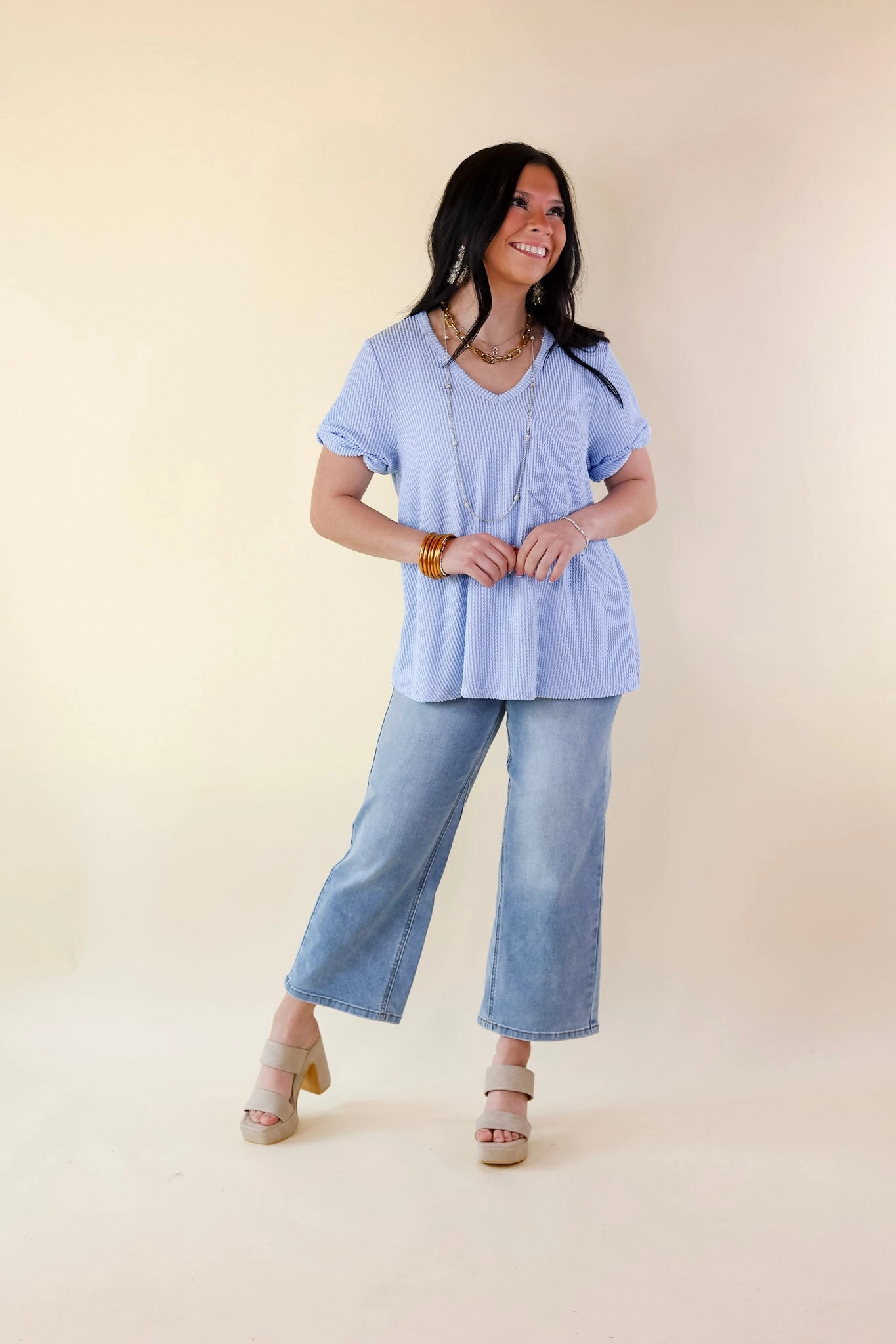 Only True Love Ribbed Short Sleeve Top with Front Pocket in Serenity Blue Grace Ease