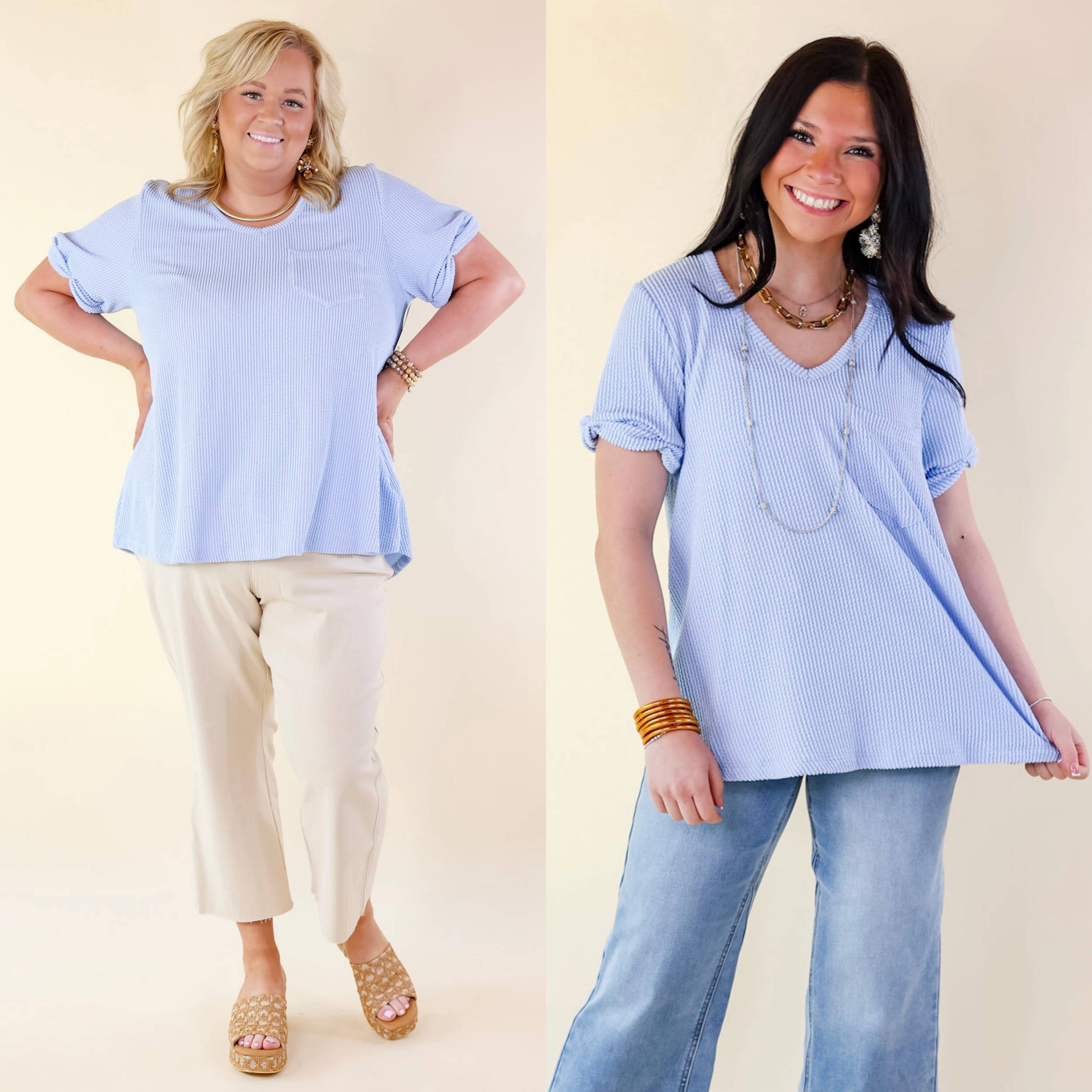 Casual Fit Only True Love Ribbed Short Sleeve Top with Front Pocket in Serenity Blue