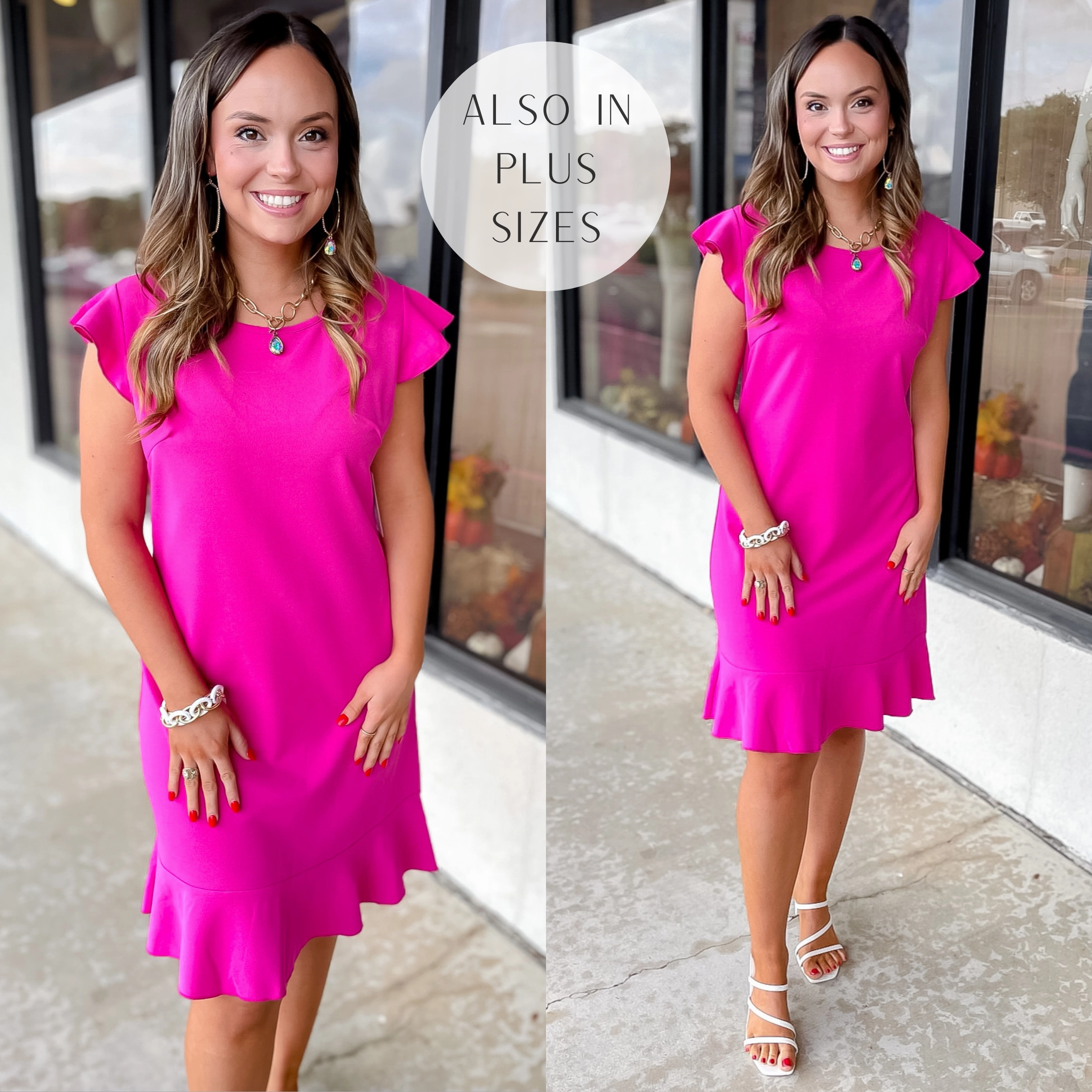 Smile Ease Fashionable Look Boss Shift Ruffle Cap Sleeve Dress with Ruffle Hem in Fuchsia Pink