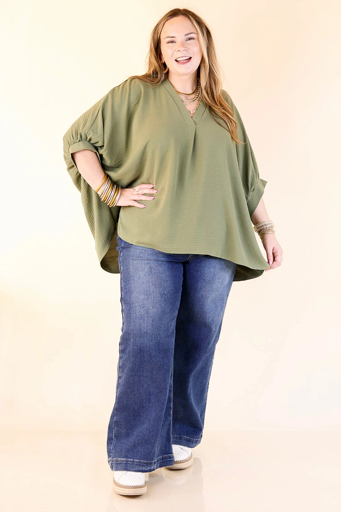 Cozy Fit Elevated Basics V Neck Top with Half Sleeves in Olive Green