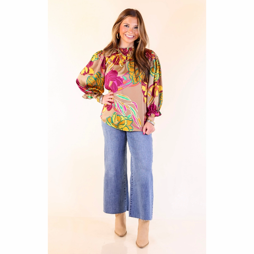 Follow Your Floral Long Sleeve Ruffle Mock Neck Top in Mocha Country Charm