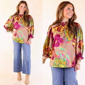 Follow Your Floral Long Sleeve Ruffle Mock Neck Top in Mocha Temperature Regulating