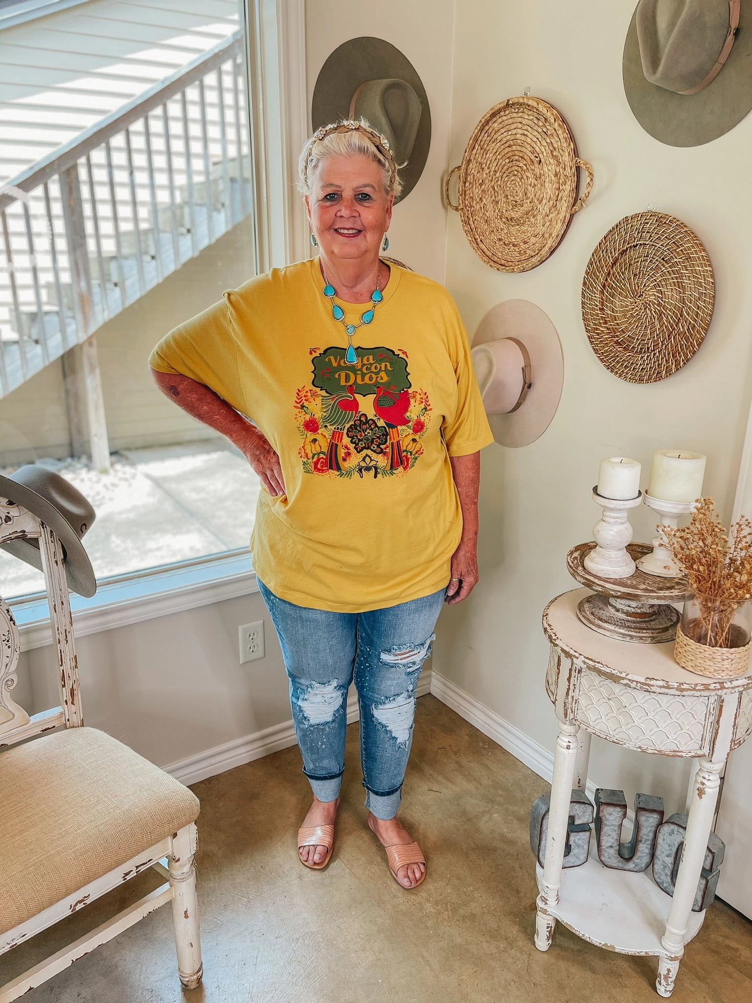 Luxury Mood WrinkleResistant Finish Vaya Con Dios Short Sleeve Floral Graphic Tee in Mustard Yellow