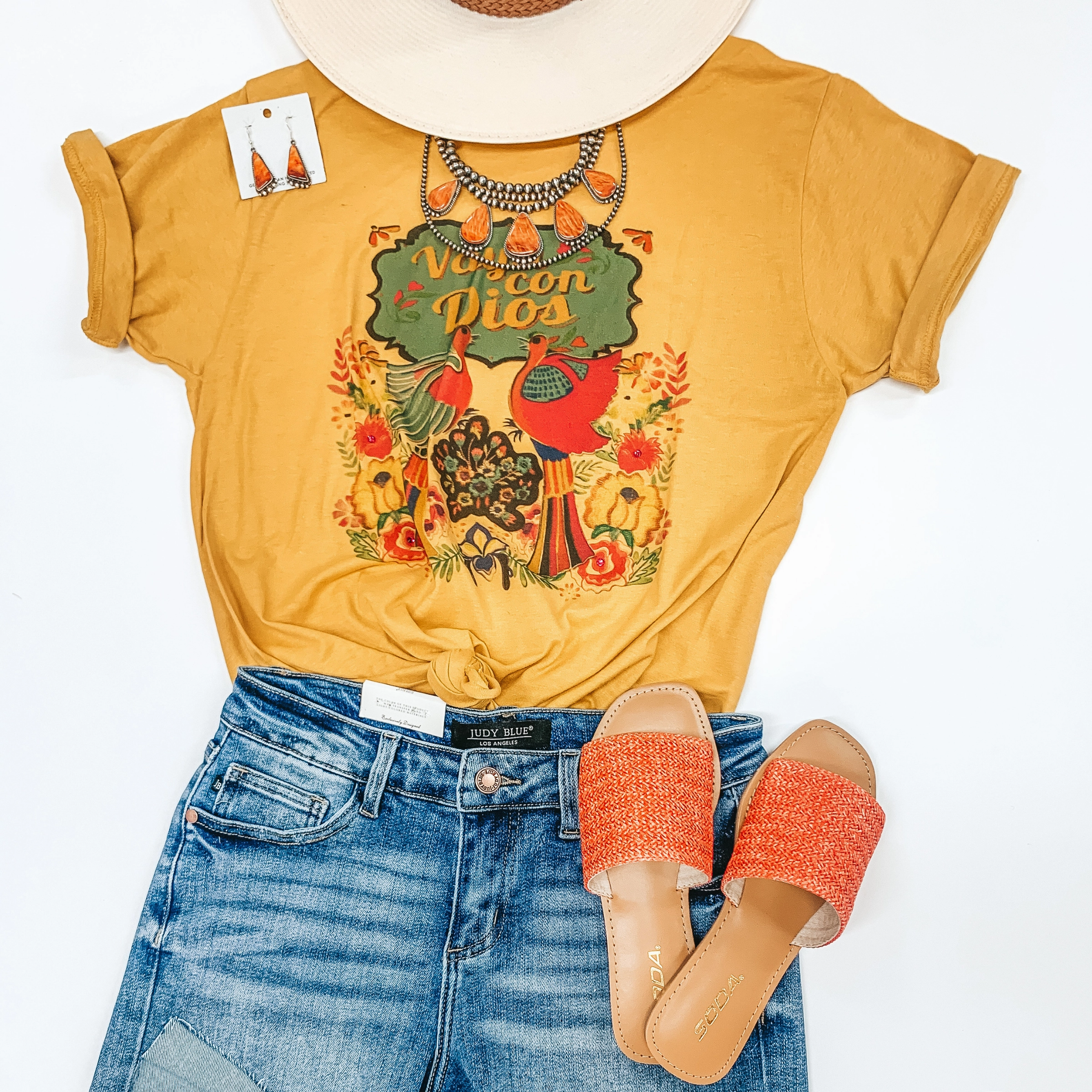 Adjustable Straps Date Vibe Vaya Con Dios Short Sleeve Floral Graphic Tee in Mustard Yellow