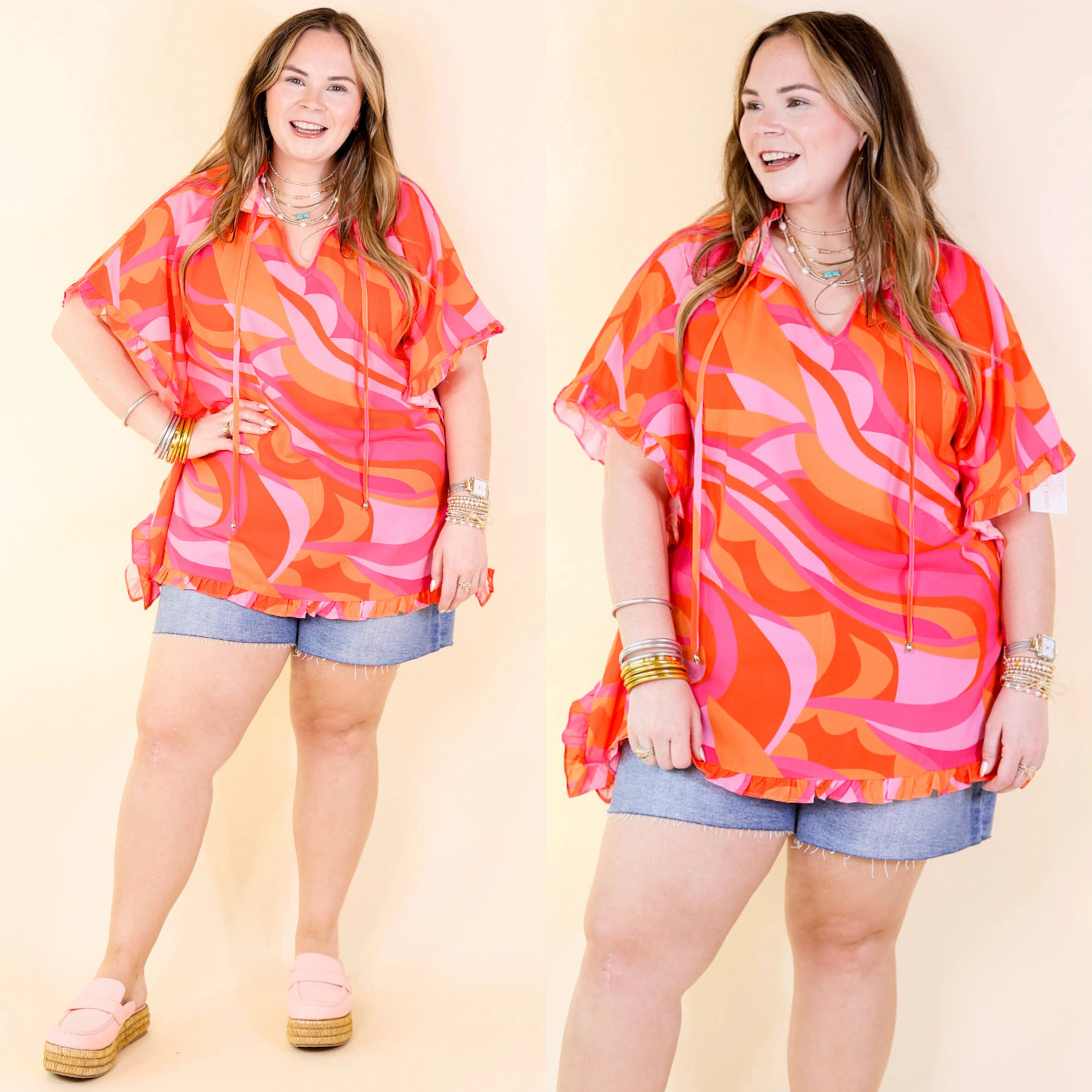 Fun and Free Flowy Top with Ruffle Trim in Orange Mix Breathable Cotton