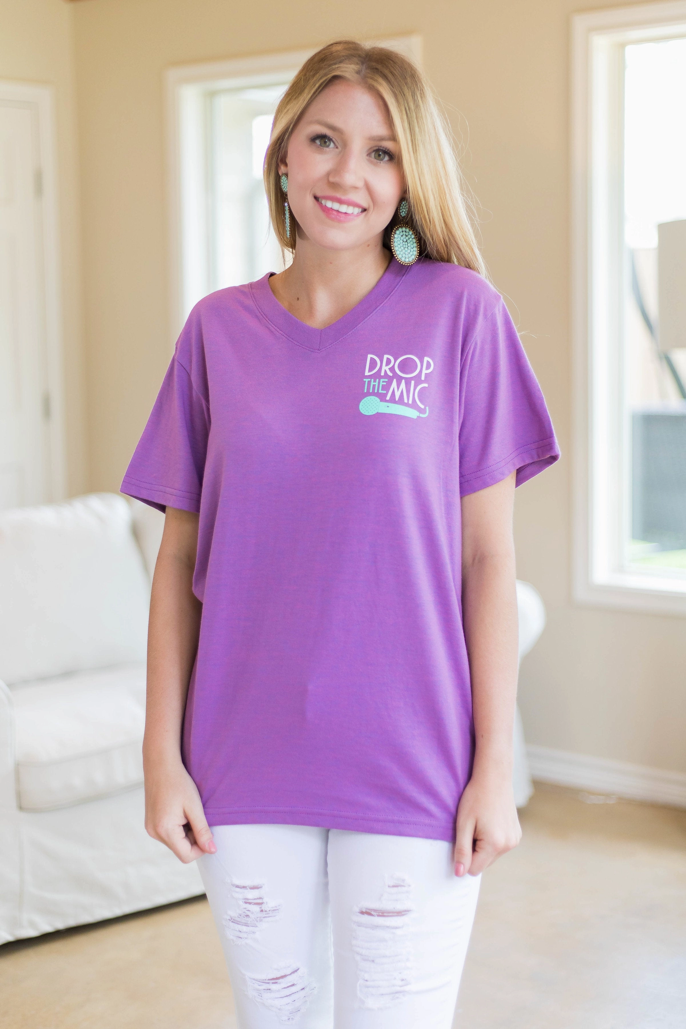 Last Chance Size Medium | Drop The Mic Short Sleeve Tee Shirt in Purple Formal Look Mature Charm