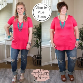 Stylish Bottom Smooth Yarn Last Chance Size Small | Simply The Best V Neck Short Sleeve Tee Shirt in Coral