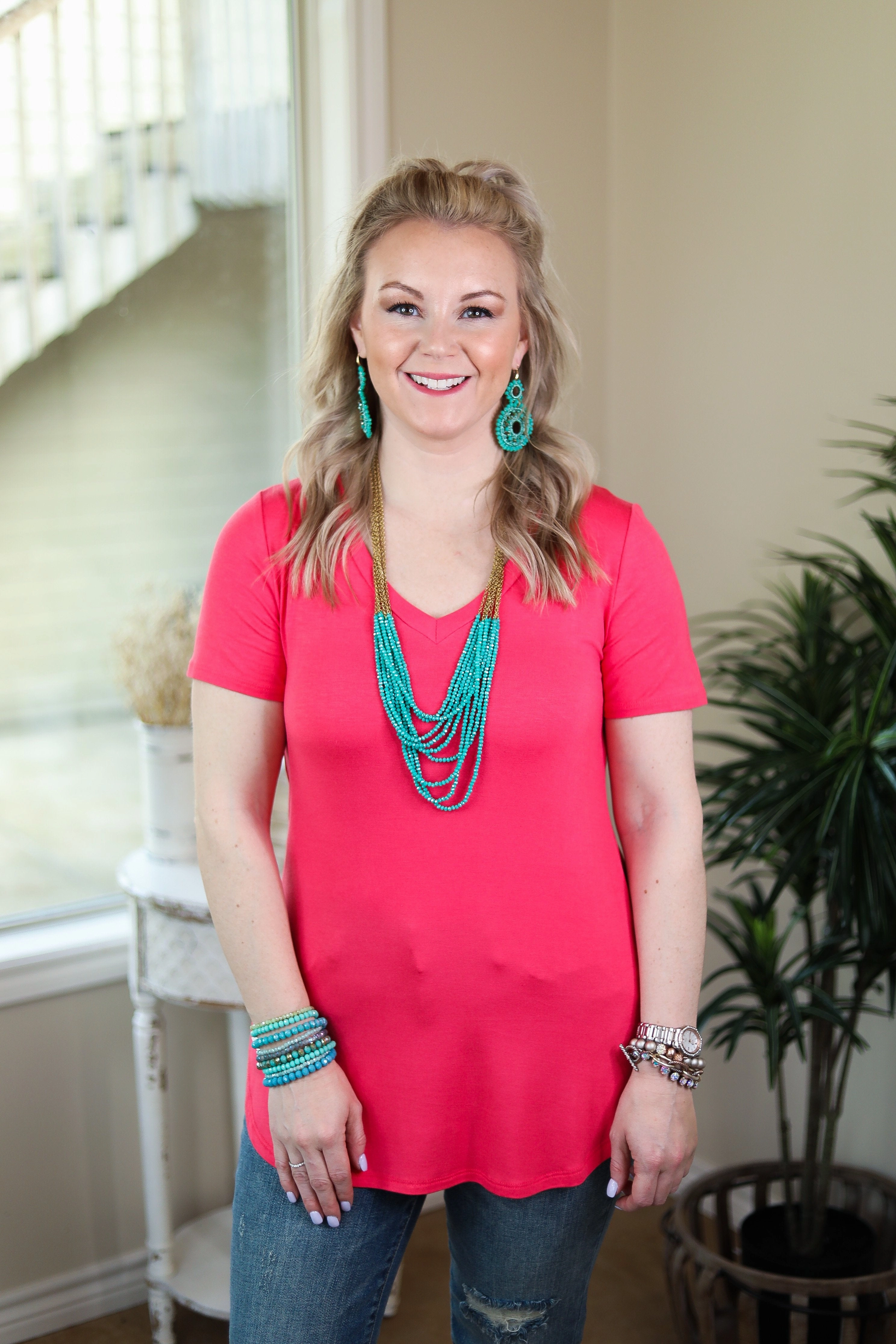 GentleWaistband Last Chance Size Small | Simply The Best V Neck Short Sleeve Tee Shirt in Coral