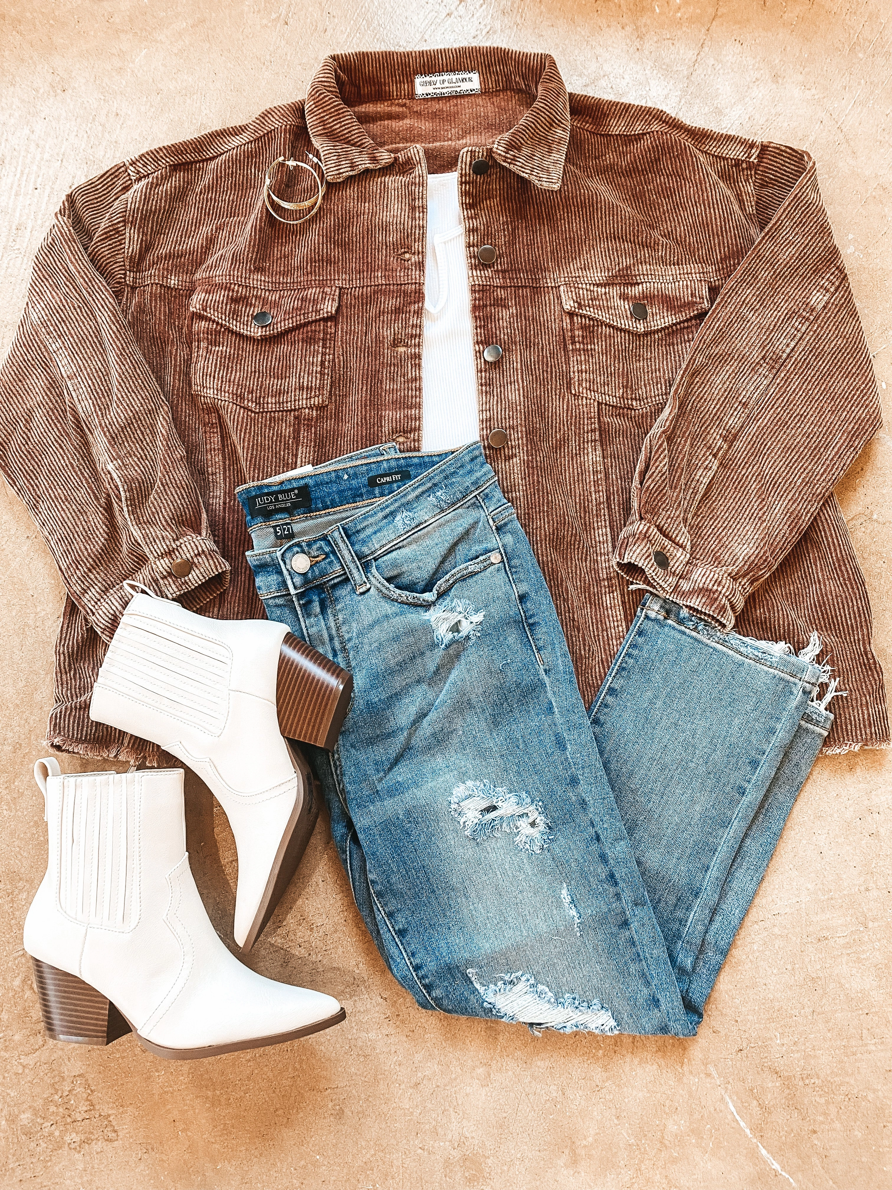 Hidden Storage Pocket No Iron Fabric Vermont Stroll Corduroy Cropped Shacket in Brown