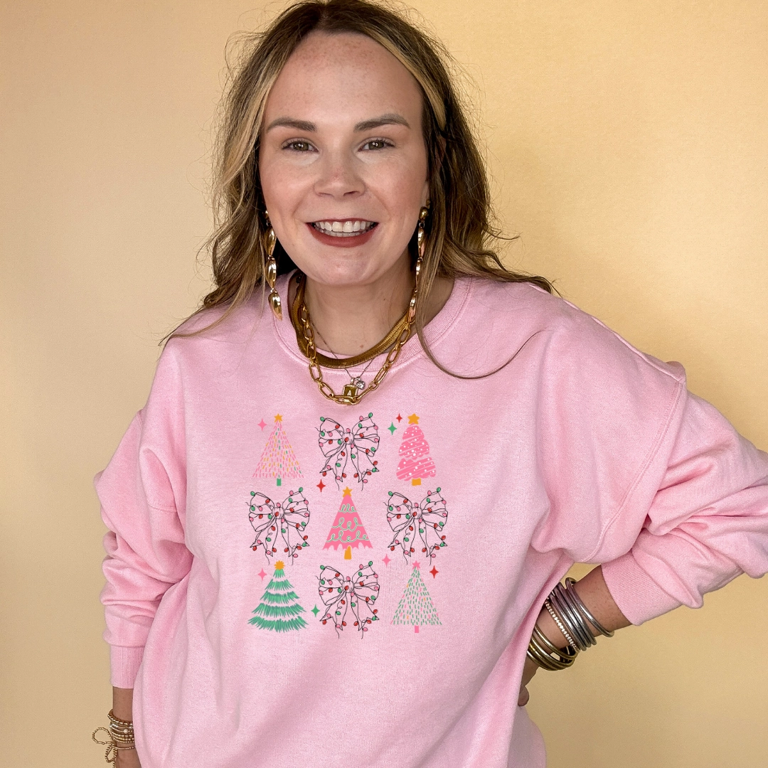 Fresh Vibes LowImpactDye Online Exclusive | Variety of Christmas Trees and Christmas Lights Bow Collage Graphic Sweatshirt in Multiple Color Options