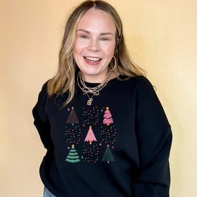Online Exclusive | Variety of Christmas Trees and Christmas Lights Bow Collage Graphic Sweatshirt in Multiple Color Options Colorfast Dye