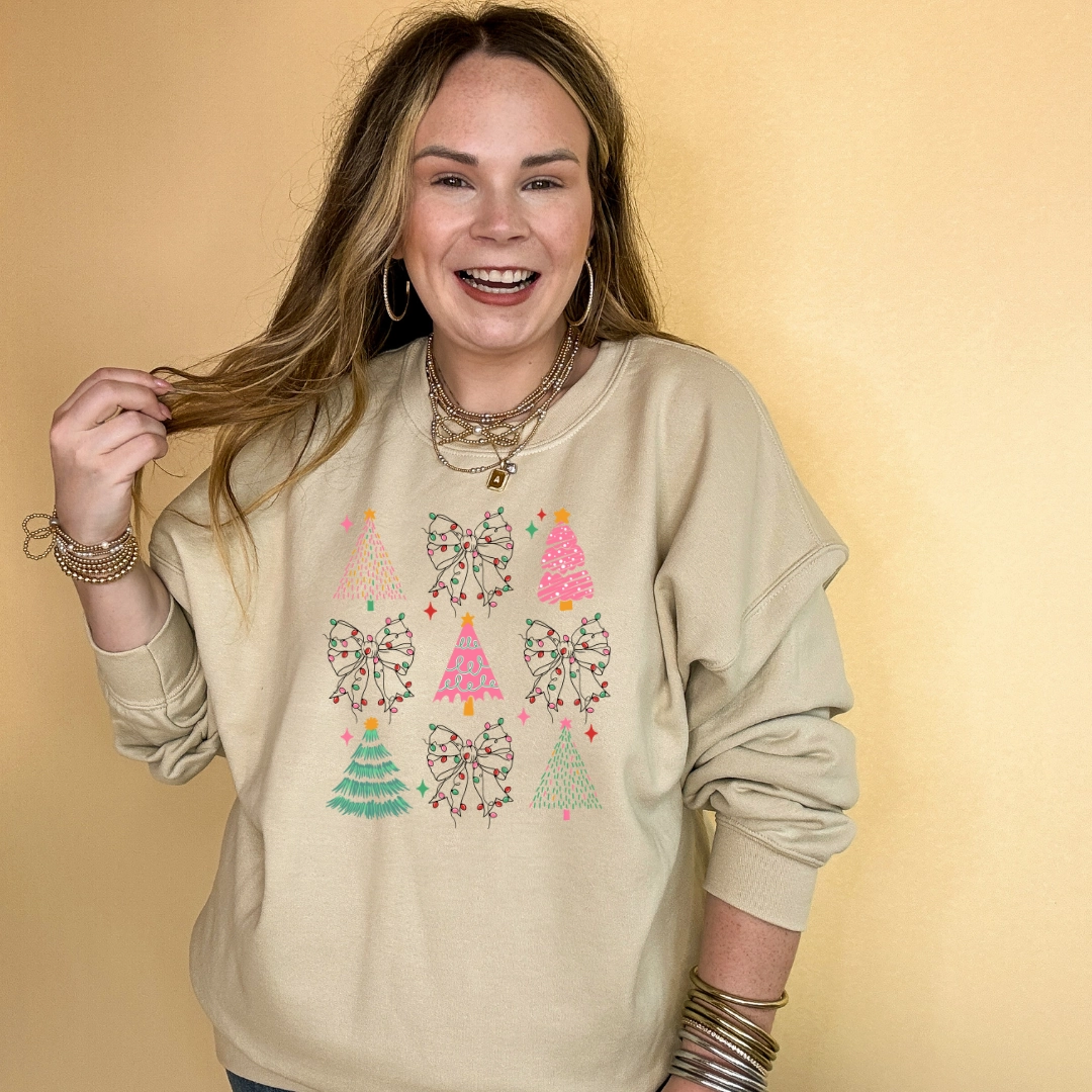 Online Exclusive | Variety of Christmas Trees and Christmas Lights Bow Collage Graphic Sweatshirt in Multiple Color Options Casual Style Wear Minimalist Aesthetic