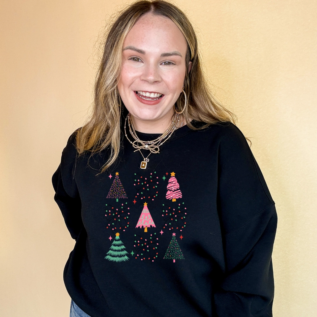 Online Exclusive | Variety of Christmas Trees and Christmas Lights Bow Collage Graphic Sweatshirt in Multiple Color Options Colorfast Dye
