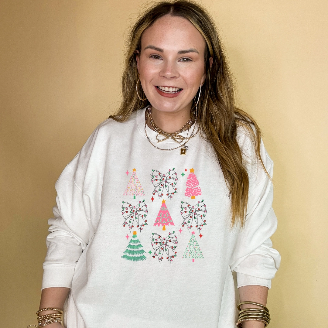 Online Exclusive | Variety of Christmas Trees and Christmas Lights Bow Collage Graphic Sweatshirt in Multiple Color Options Trendy Vibes Wear Basic Top