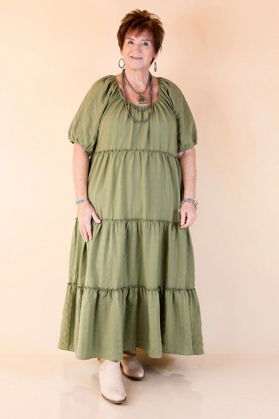 Sweetest Moments Ruffle Tiered Maxi Dress in Olive Green Relaxed Blouse NonBindingCollar