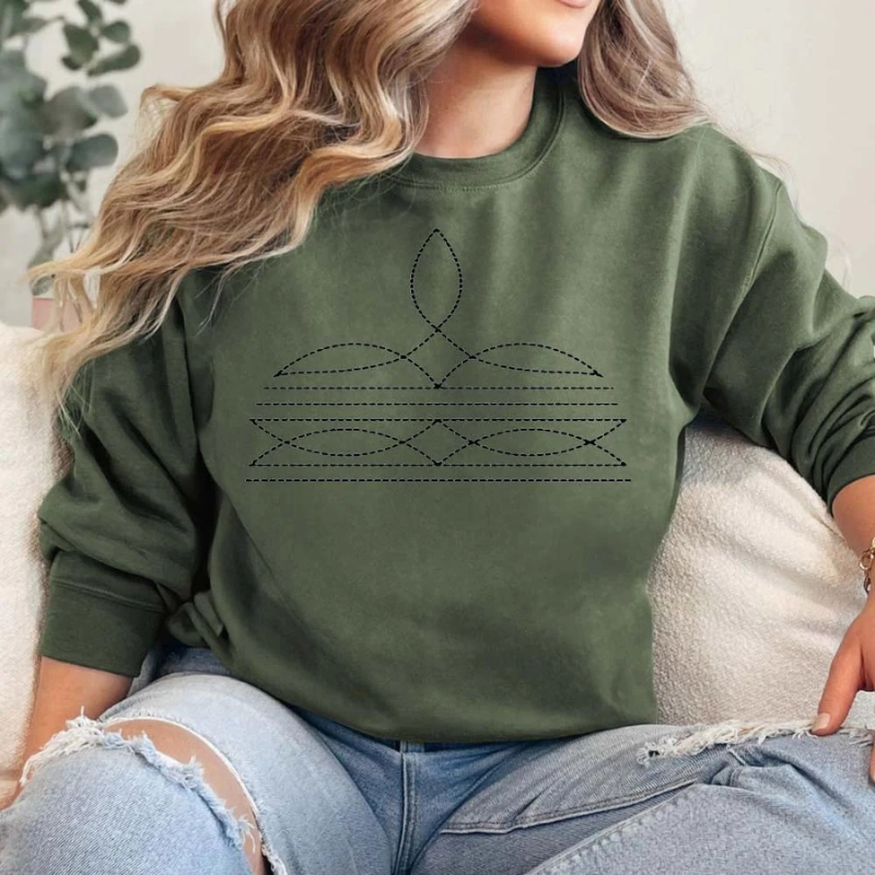 Online Exclusive | Boot Stitch Printed Long Sleeve Graphic Sweatshirt in Military Green Fun and Comfortable