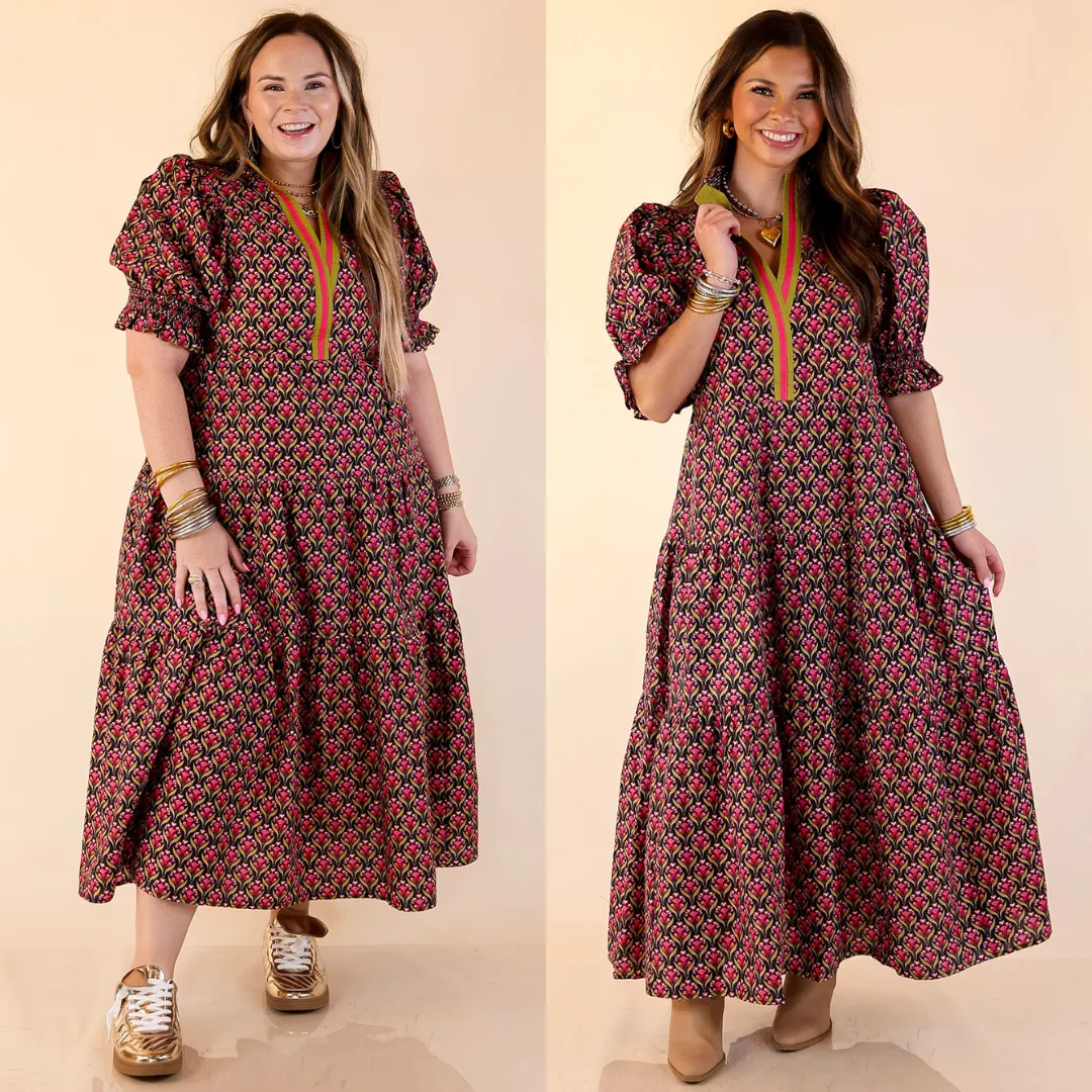 Vibrant Vision Floral Print Maxi Dress with Puff Sleeves and Contrast Trim in Black Practical Boots Morning Ease