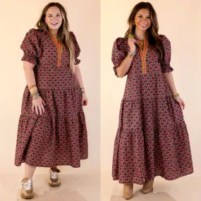 Vibrant Vision Floral Print Maxi Dress with Puff Sleeves and Contrast Trim in Black Practical Boots Morning Ease