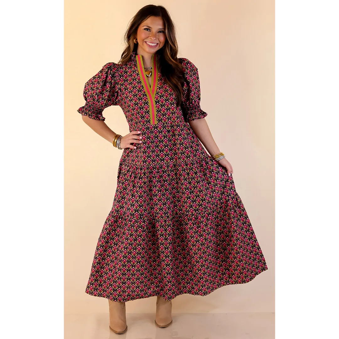 Vibrant Vision Floral Print Maxi Dress with Puff Sleeves and Contrast Trim in Black Game Day Breath Skin