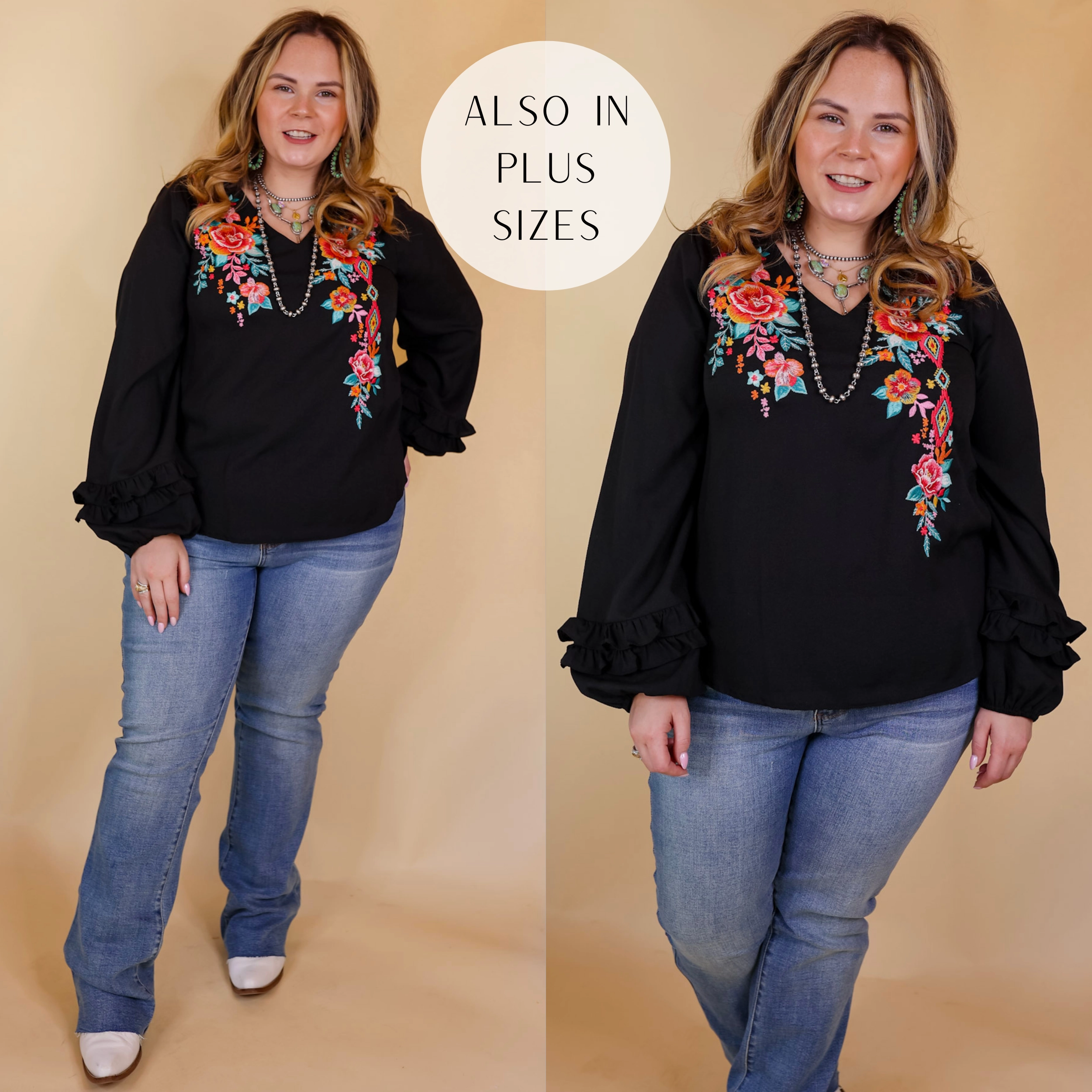SlipResistant Vineyard Villa Floral Embroidered Top with Long Ruffle Sleeves in Black